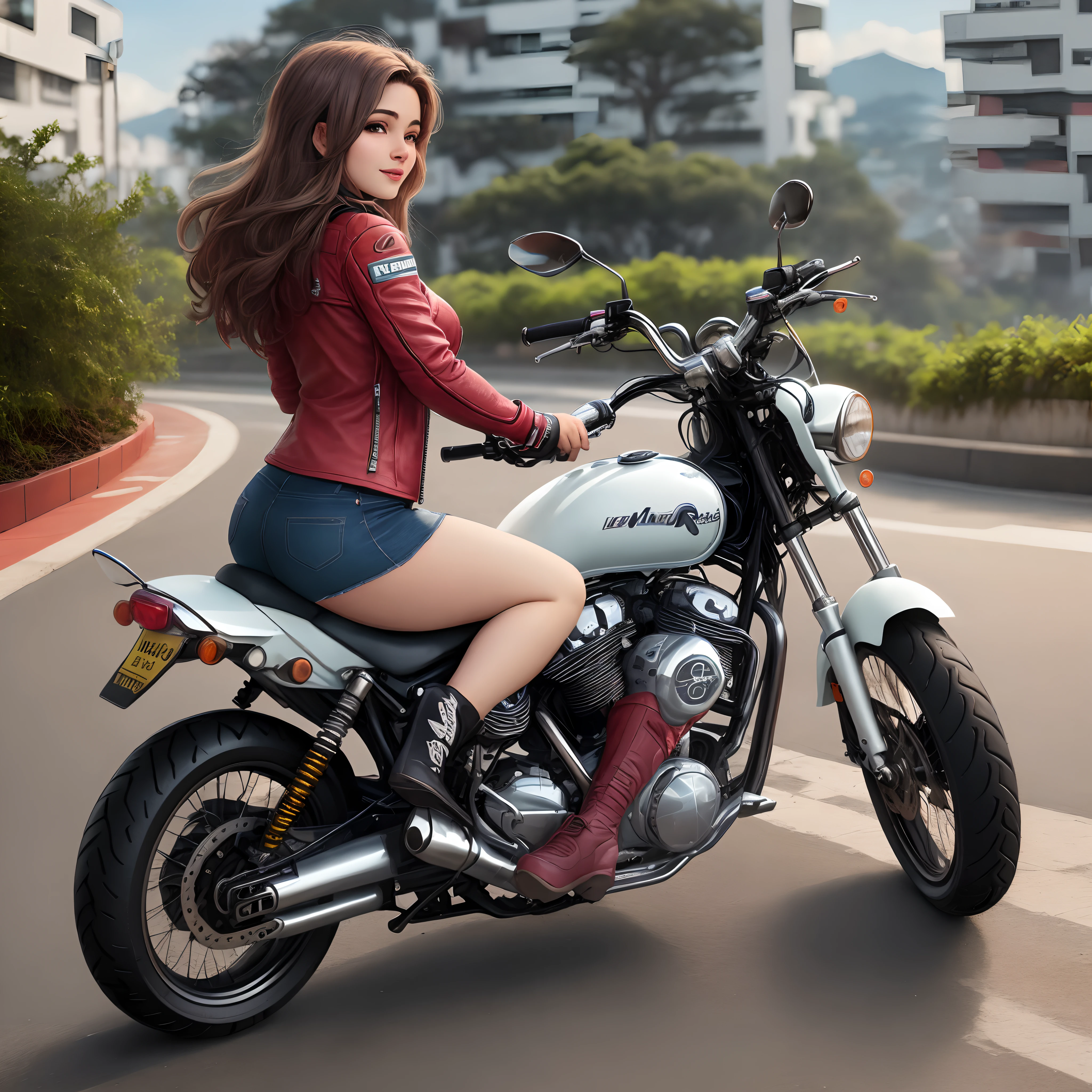 Uma mulher em cima da moto vermelha com o fundo em rua