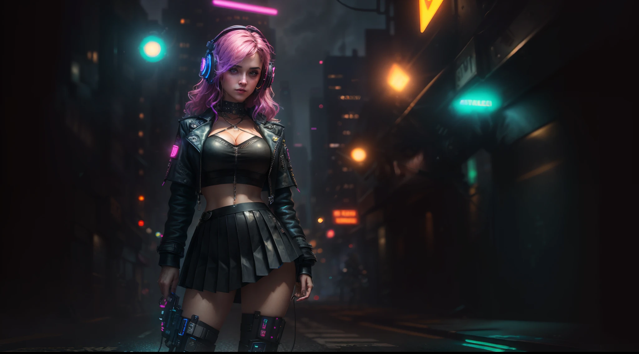 Best Quality, Realistic, Realistic, Award-Winning Illustration, (Complicated Detail: 1.2), (Fine Detail), (Complicated Detail), (Cinematic Lights, Best Quality Backlight), Crisp Lines, Crisp focus, official art, unity 8k wallpaper, absurd, unbelievably absurd, huge file size, ultra- (in_main_street:1.21), (neon lamp), fantasy art, rtx,((triangle closeup photo by award winning studio )), 1girl, very pretty, (shut up), small boobs, ((Cyberpunk city Street, Battle Maiden)), perfect hands, beautiful detailed eyes, Perfect Face, (Cyberpunk blouse, leather jacket, Martin boots) ,,(headphones_around_hair),((pleated skirt) ), ((supermodel pose)),
