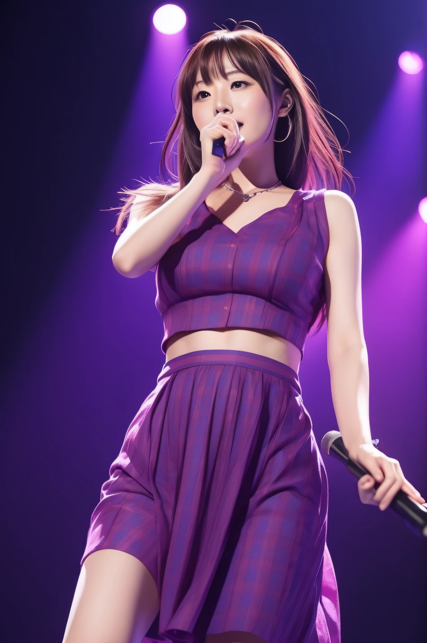 "Create a photorealistic image featuring Eri Kamei from Morning Musume. She should be in a setting that captures the essence of a live concert performance, with vibrant stage lights illuminating her. The predominant color theme should be purple, emphasizing her adorable and charming presence. The image should showcase her performing amidst the energy and ambiance of a live concert, with a high level of realism that brings out her distinct features."