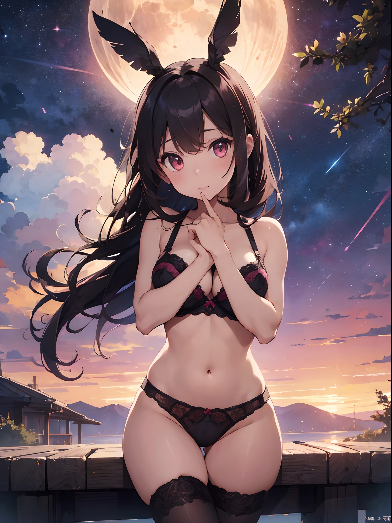 (Female buttocks facing the screen)、Backward perspective、A dark-haired、pink seduction background、A sexy、Busty body、a closeup、Luxury underwear、Erotic Lingerie、top-quality、Red face、Turn around、8K、moonlights、superclear、Full of charm、masterpiece、high detailing、beatiful backgrounds、Detailed drawing、