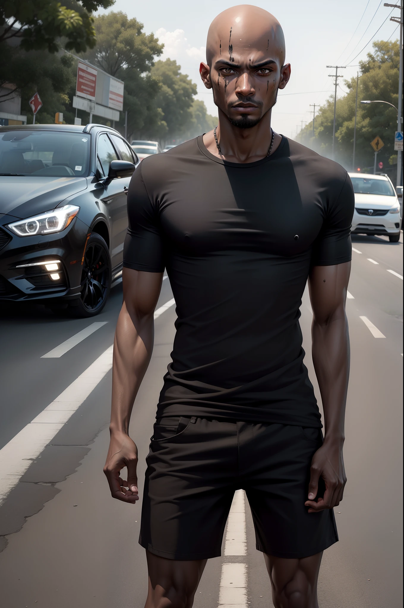 realistic image in 8k of a 25 year old man, black skin, very thin body, bald, dressed in a black t-shirt, black shorts, standing in the middle of a road with car traffic, bloodied face, stunned expression