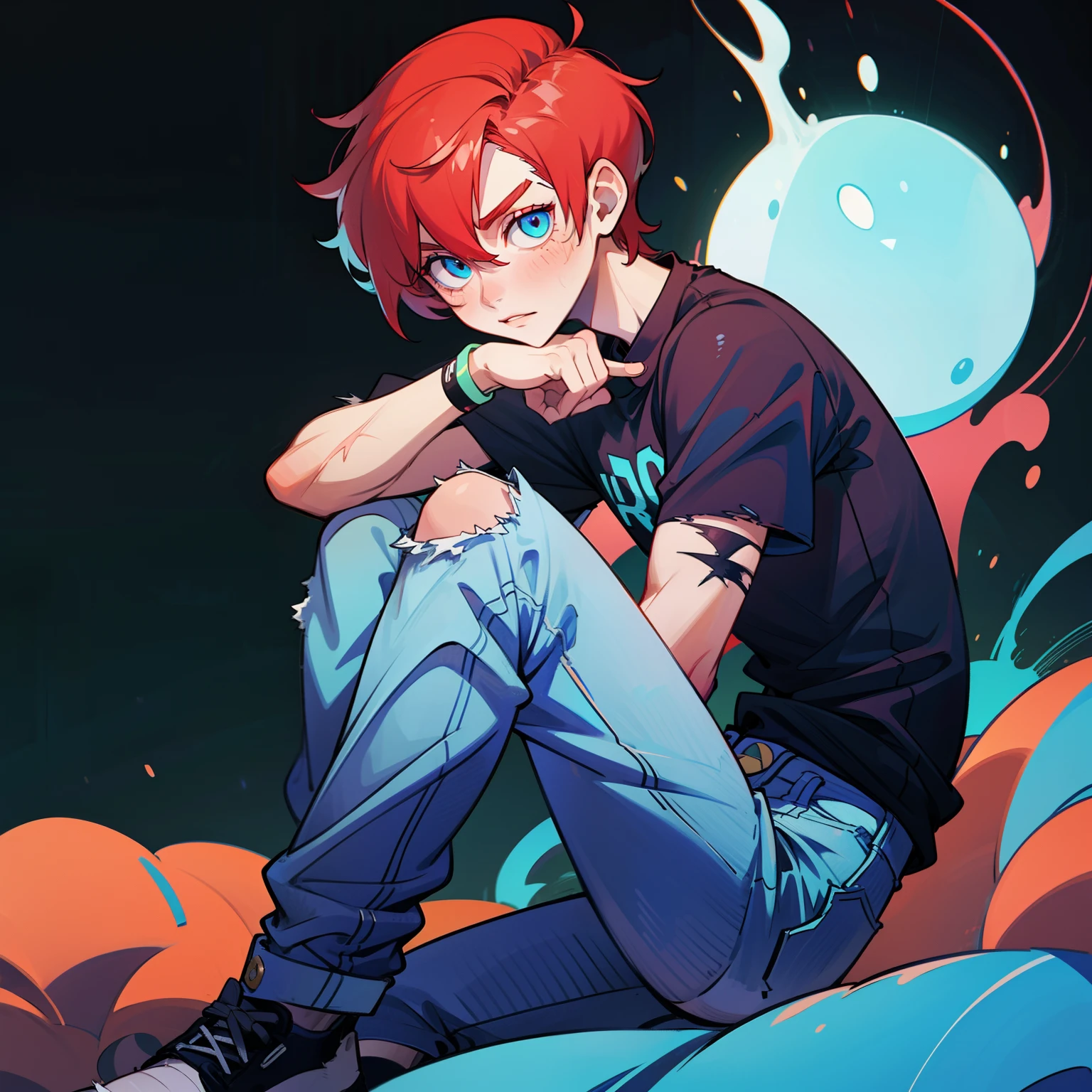 (1 boy), (solo), neon red hair, short hair, pale skin, blue eyes, buff body, black shirt, white bands on hands, scar under the left eye, blue jeans, Ripped jeans on the knees, ((high quality)), ((very detailed))