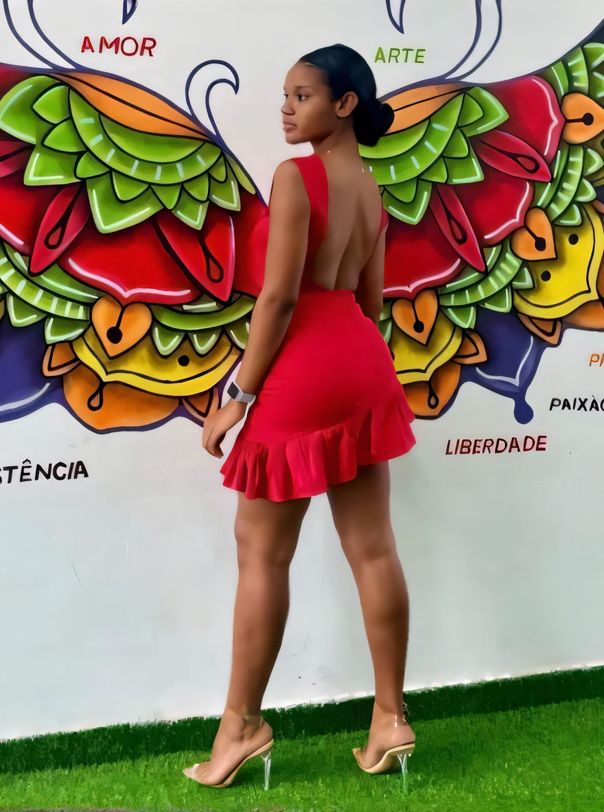uma mulher com um vestido vermelho em frente a uma parede com uma borboleta pintada sobre ela, vestido curto vermelho, usa um vestido vermelho, suave em _ O pano de fundo, usando um vestido vermelho, vestido vermelho, vestido curto, vestido vermelho sexy, vestido de costas aberto, usando vestido vermelho, em um vestido vermelho, 1614572159