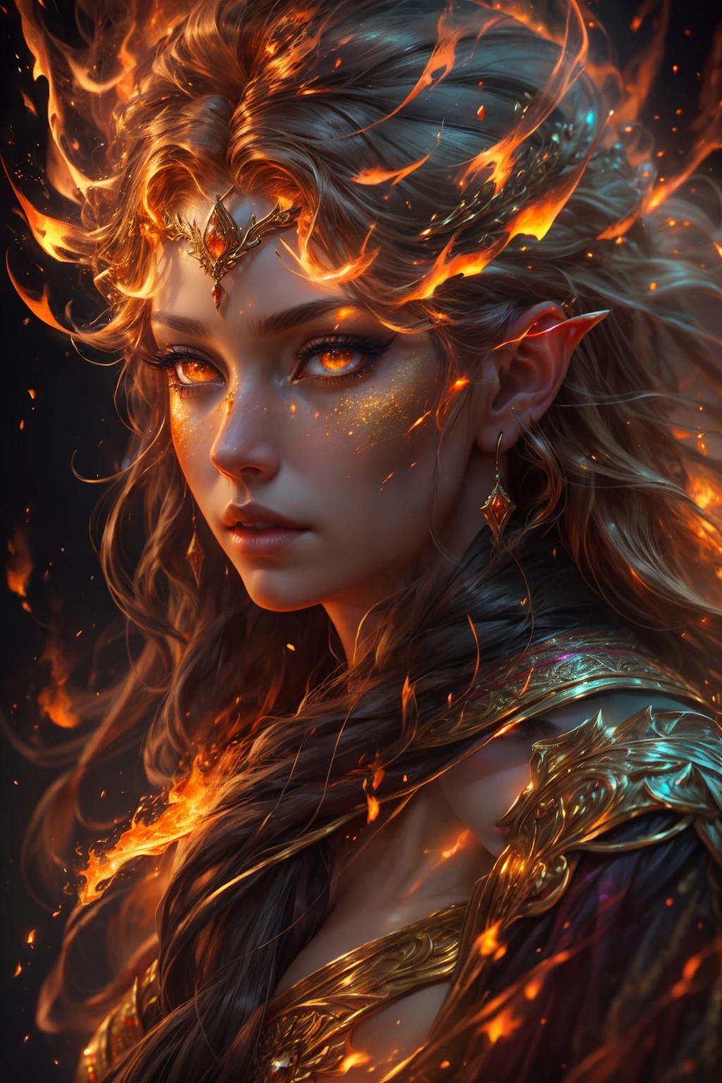 This (realistic fantasy) art contains embers, real flames, real heat, and realistic fire. Generate a masterpiece artwork of a ite female fire druid with large (((orange and gold))) eyes. The fire druid is awe-inspiring with beautiful ((realistic fiery eyes)) alight with confidence and power. Her features are elegant and well defined, with ((soft and puffy lips)), elven bone structure, and realistic shading. Her eyes are important and should be the focal point of this artwork, with ((extremely realistic details, macro details, and shimmer.)) She is wearing a billowing and glittering dress made of realistic flames and jewels that glimmer in the fire light. Wisps of fire and smoke line the intricate bodice of the dress. Include bumps, stones, fiery iridescence, glowing embers, silk and satin and leather, an interesting background, and heavy fantasy elements. Camera: Utilize dynamic composition techniques to enhance the realistic flames.