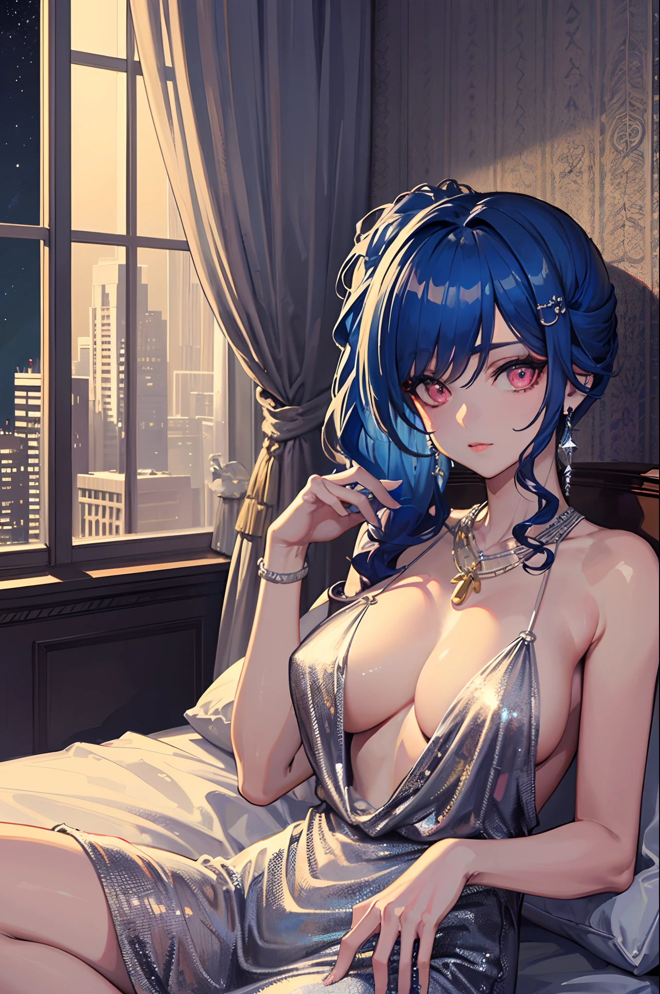 ((Masterpiece, Best Quality)), St. Louis \(Luxury Wheels) \(Azure Lane), High resolution, highest quality, illustration, cinematic light, super detailed, detailed face, (detailed eyes), best quality, ultra detailed, masterpiece, (detailed face), room, hair accessory, earrings, necklace, portrait, silver dress, revealing clothes, highest detail, glowing eyes, (hotel:1.2), sitting on bed, sitting, bed, window, night sky, backlight, light, (high contrast), (color), bare