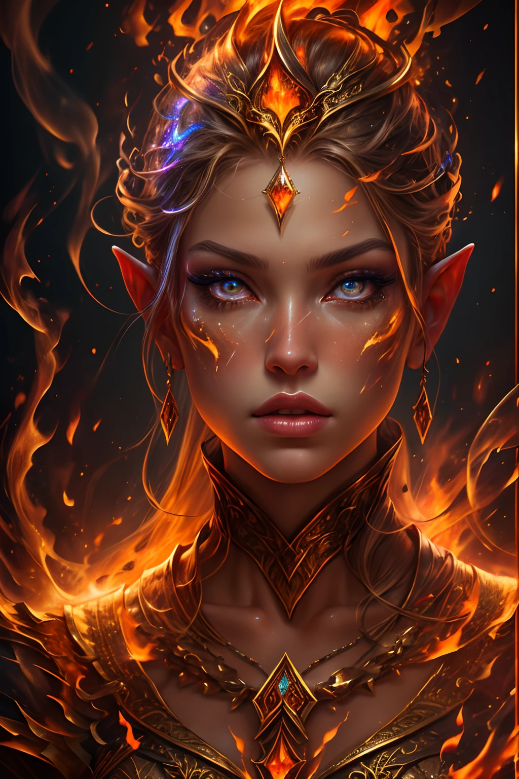 This (realistic fantasy) art contains embers, real flames, real heat, and realistic fire. Generate a masterpiece artwork of a petite female fire druid with large (((orange and gold))) eyes. The fire druid is awe-inspiring with beautiful ((realistic fiery eyes)) alight with confidence and power. Her features are elegant and well defined, with ((soft and puffy lips)), elven bone structure, and realistic shading. Her eyes are important and should be the focal point of this artwork, with ((extremely realistic details, macro details, and shimmer.)) She is wearing a billowing and glittering dress made of realistic flames and jewels that glimmer in the fire light. Wisps of fire and smoke line the intricate bodice of the dress. Include bumps, stones, fiery iridescence, glowing embers, silk and satin and leather, an interesting background, and heavy fantasy elements. Camera: Utilize dynamic composition techniques to enhance the realistic flames.