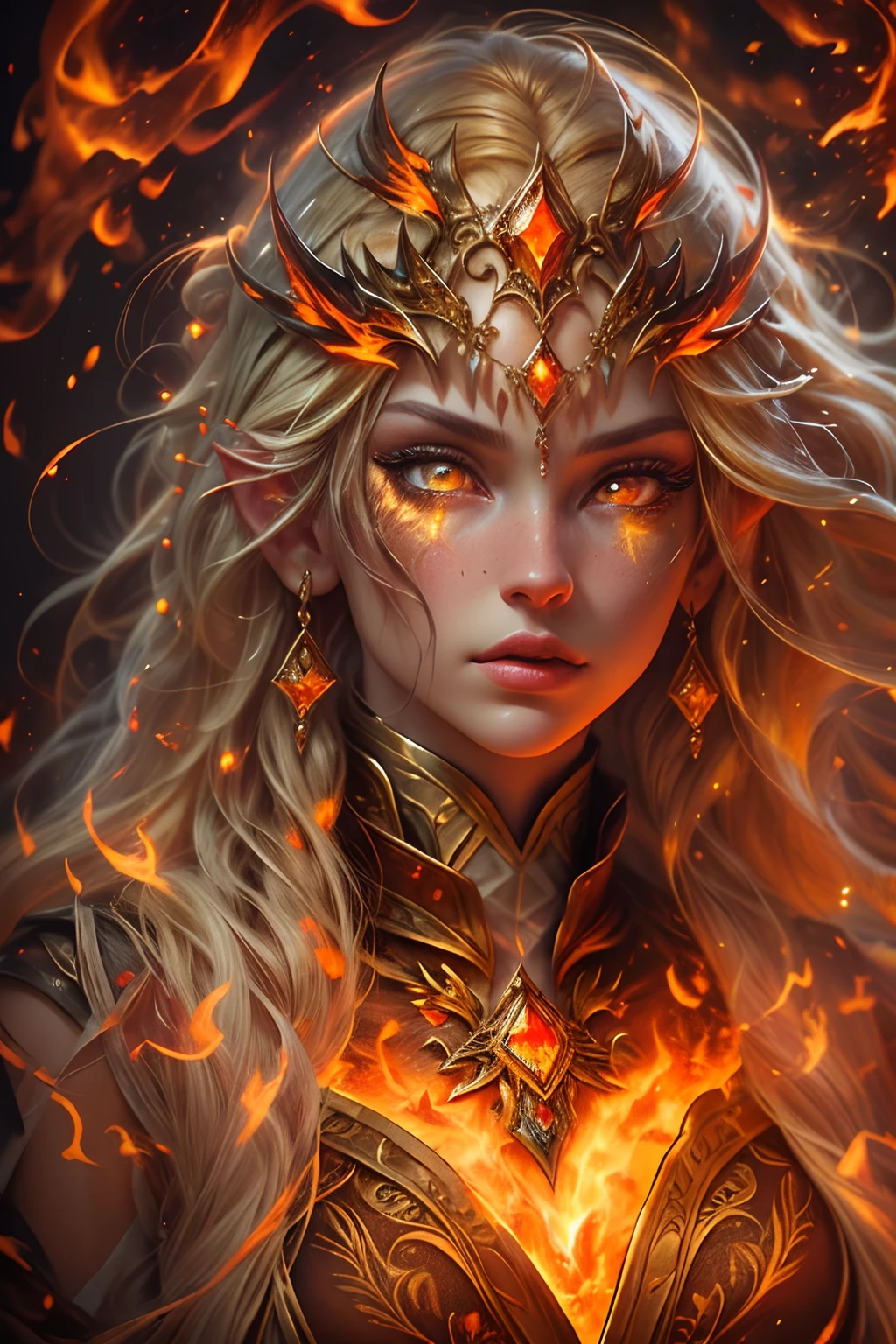 This (realistic fantasy) art contains embers, real flames, real heat, and realistic fire. Generate a masterpiece artwork of a petite female fire druid with large (((orange and gold))) eyes. The fire druid is awe-inspiring with beautiful ((realistic fiery eyes)) alight with confidence and power. Her features are elegant and well defined, with ((soft and puffy lips)), elven bone structure, and realistic shading. Her eyes are important and should be the focal point of this artwork, with ((extremely realistic details, macro details, and shimmer.)) She is wearing a billowing and glittering dress made of realistic flames and jewels that glimmer in the fire light. Wisps of fire and smoke line the intricate bodice of the dress. Include bumps, stones, fiery iridescence, glowing embers, silk and satin and leather, an interesting background, and heavy fantasy elements. Camera: Utilize dynamic composition techniques to enhance the realistic flames.