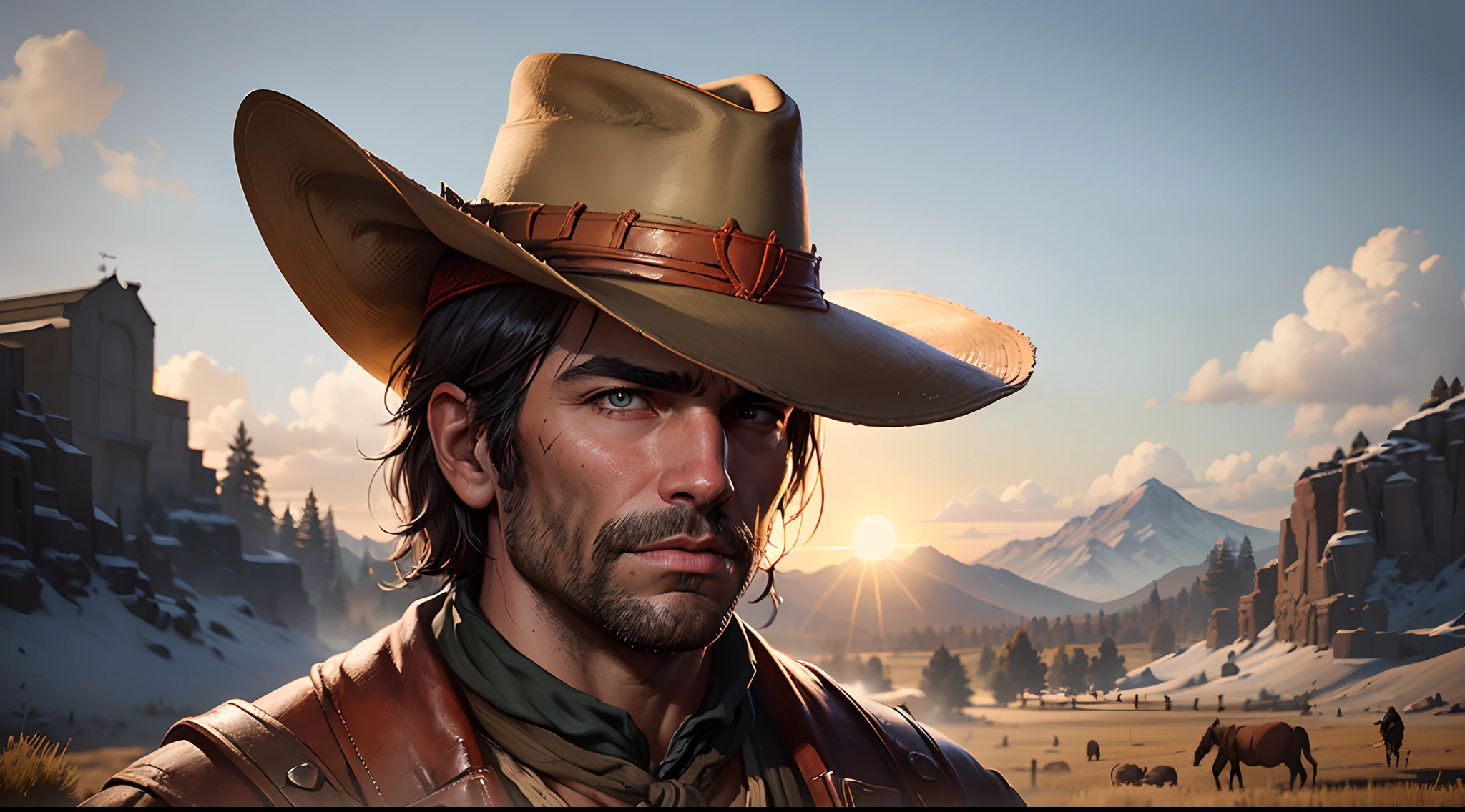 red dead redemption 2, Man in hat looking up at the sky, amarelo com o sol brilando, ultra hd