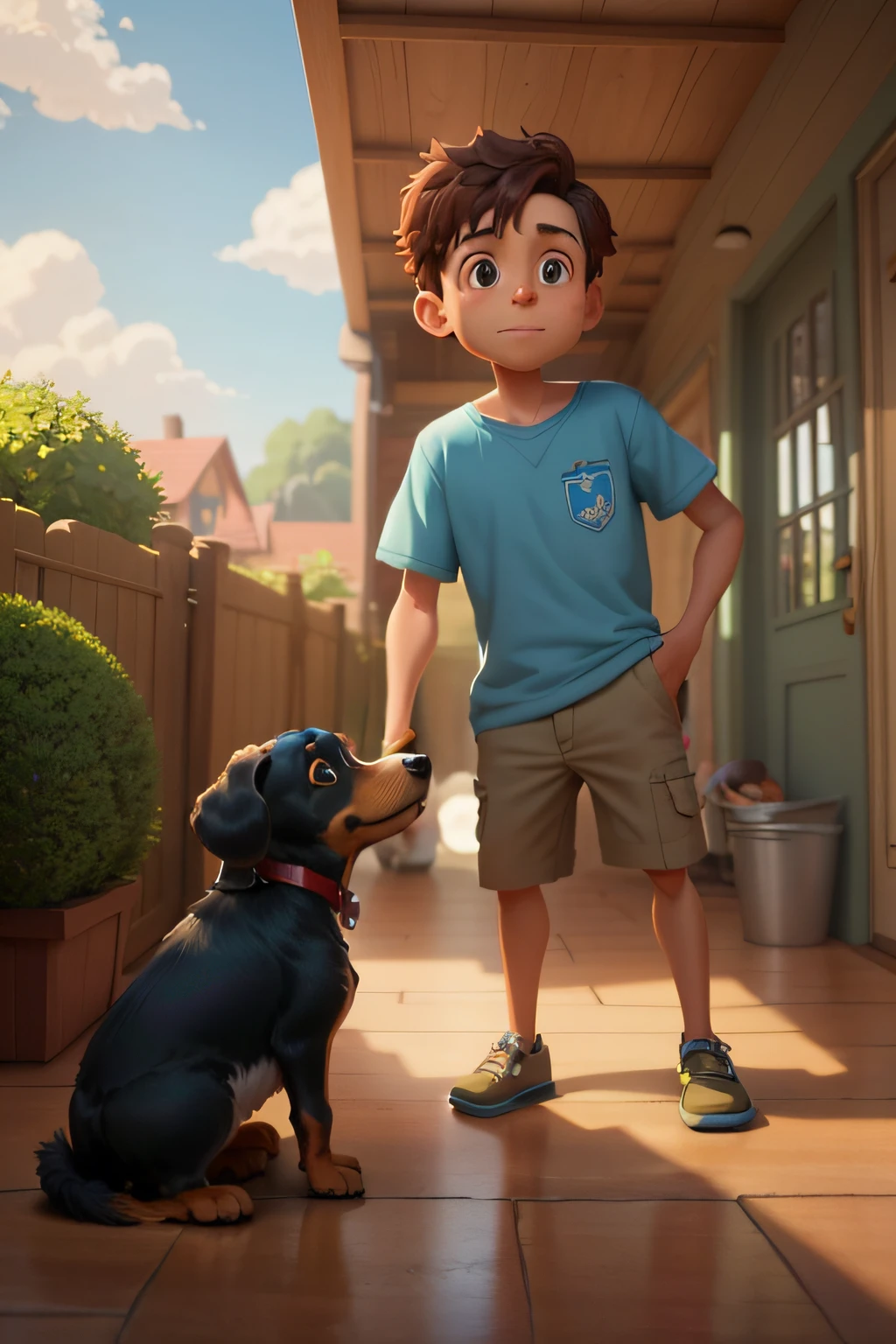 There is a cartoon image of a boy and a dog, animated film, animation film, por Bob Singer, official illustration, animation movie still, Directed by: Léo Goetz, 3 d animated movie, Arte Oficial, Anthony, Hiro, animation film, perfect crisp sunlight, stylized digital illustration, cena de filme animado, inspirado em Rudy Siswanto, por Pixar (change the scenery to the backyard of a house) (dia ensolarado, blue skies) (manter caracteristicas do menino) (manter caracteristicas do cachorro) (((alterar apenas o cachorro para um dachshund preto e bronzeado)))