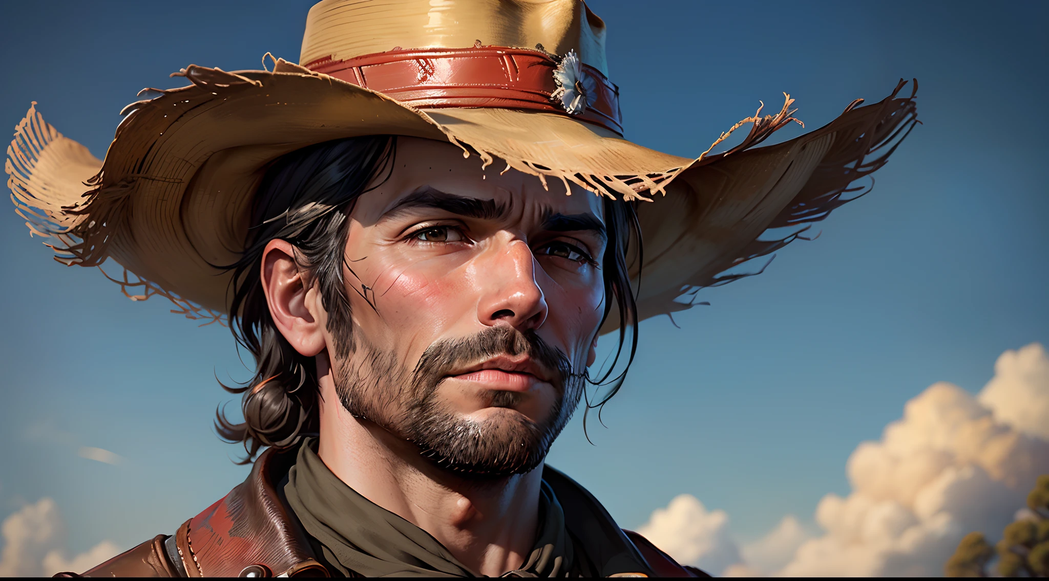 red dead redemption 2, Man in hat looking up at the sky, amarelo com o sol brilando, ultra hd