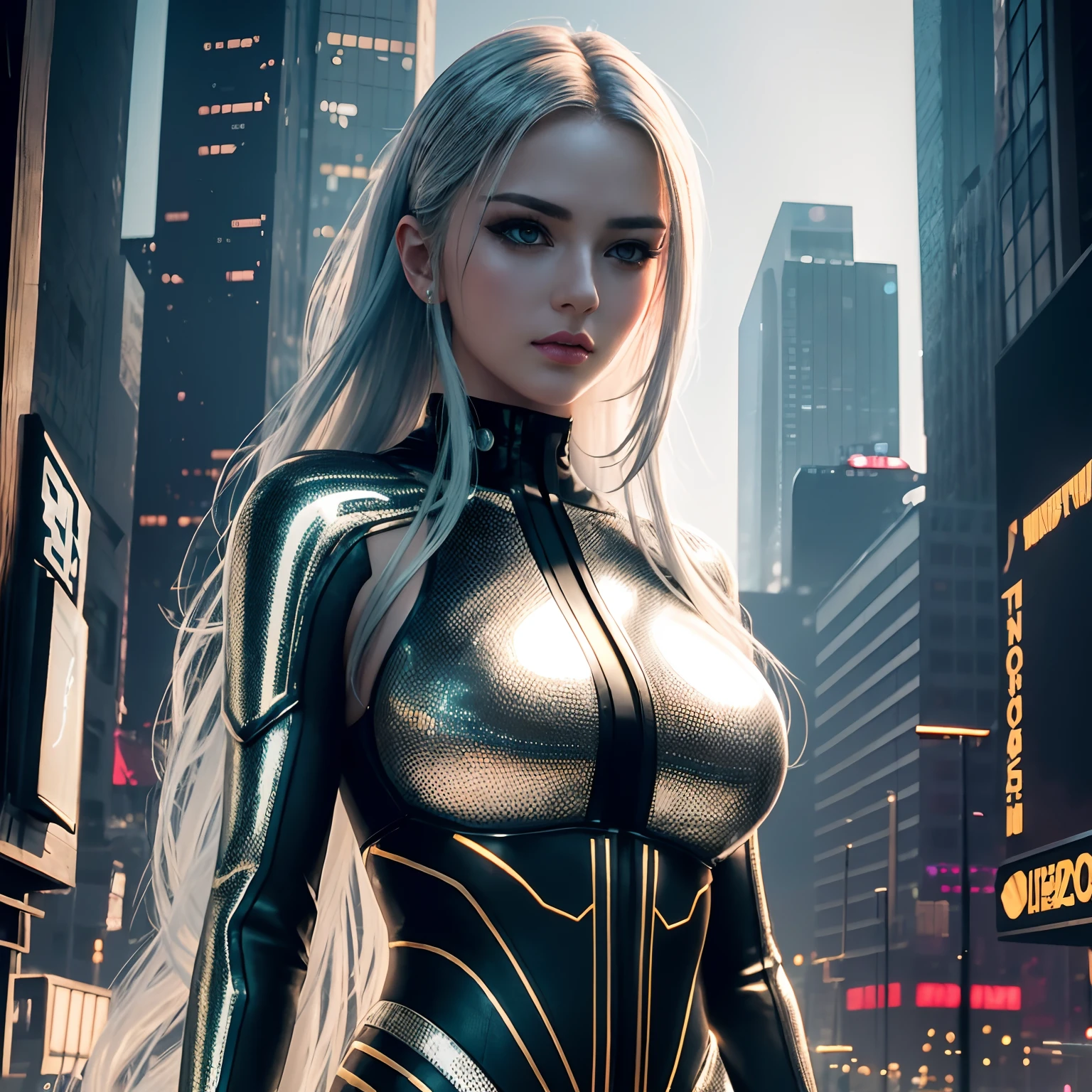 extremely beautiful young lady, cyberpunk subtle makeup, golden hour, photorealistic, high contrast, 8k HD, detailed, hyper-detailed, realistic skin texture, long silver hair, big breast, best quality, ultra high res, raw photo, dramatic lighting, unreal engine, diffuse glow, intricate futuristic suit, outdoor, cyberpunk city, holding light saber