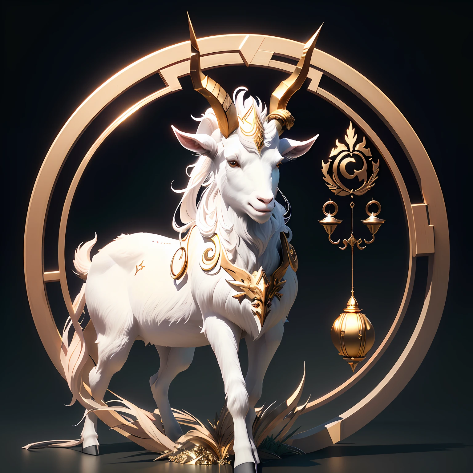 There is a white goat with horns and a golden bell in a circle, Fit male demon with white horns, Vencedor do concurso Polycount, mytical creature, PBR estilizado, 3 d render stylized, projeto da menina chifres exuberantes, (octan render) estilo fantasia, taurus zodiac sign symbol, 3d render trending on artstation, trending in cgsociety