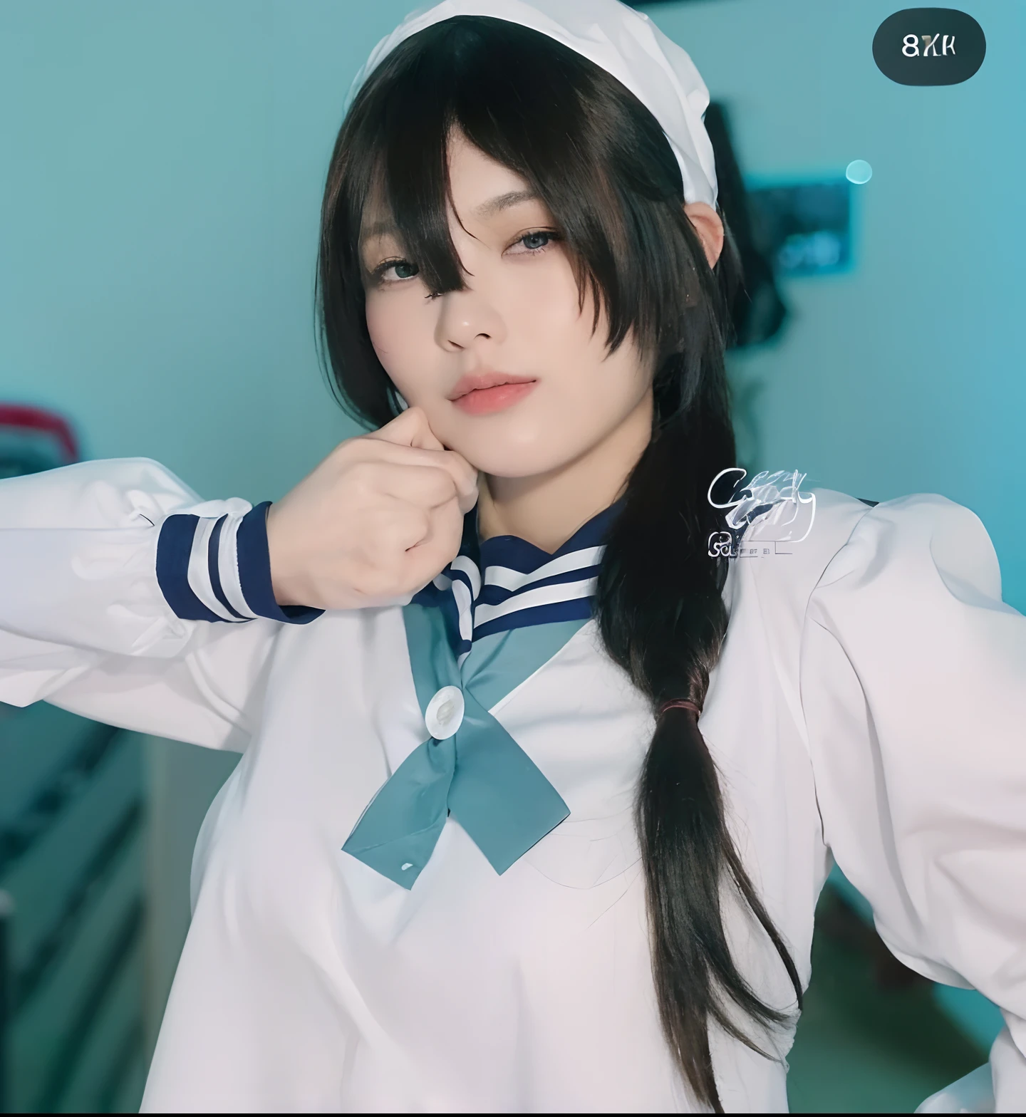((Best quality, 8k, Masterpiece :1.3)), Sharp focus :1.2, A pretty woman with perfect figure :1.4, Slender abs :1.2, ((Dark brown hair, Big breasts :1.2)), (White button up long shirt :1.1), City street:1.2, Highly detailed face and skin texture, Detailed eyes, Double eyelid
