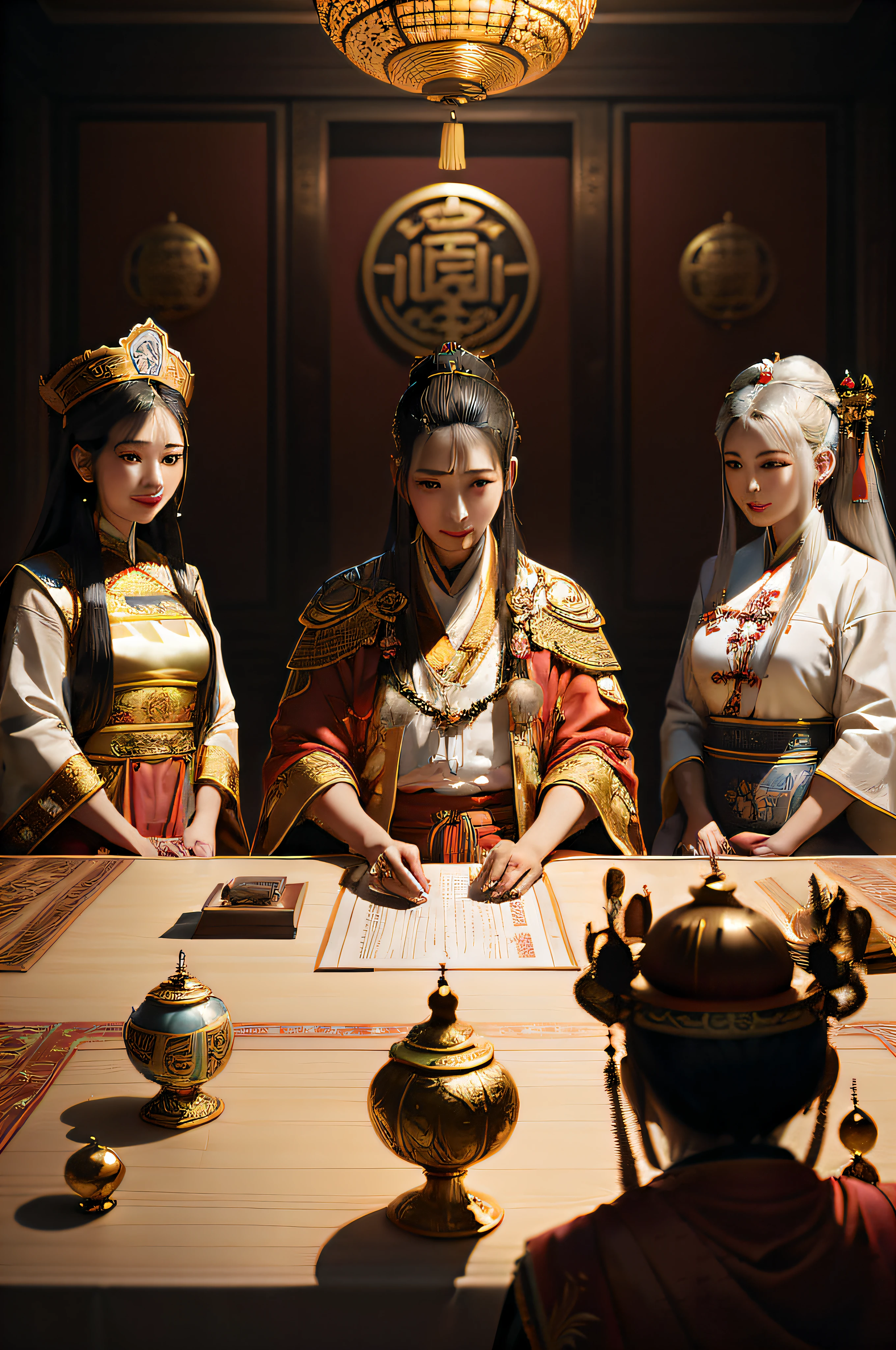 three women in oriental dress standing around a table with a paper, chinese three kingdoms, from three kingdoms, cinematic cgsociety, beautiful render of tang dynasty, palace , a girl in hanfu, chengwei pan on artstation, cinematic. by leng jun, three kingdoms, cgsociety 8k, cgsociety 8k, cgsociety 8 k, detailed cinematic render