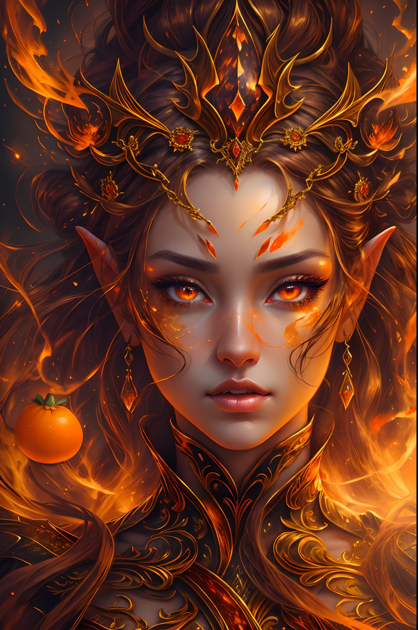 This (realistic fantasy) art contains embers, real flames, real heat, and realistic fire. Generate a masterpiece artwork of a petite female fire druid with large (((orange and gold))) eyes. The fire druid is awe-inspiring with beautiful ((realistic fiery eyes)) alight with confidence and power. Her features are elegant and well defined, with ((soft and puffy lips)), elven bone structure, and realistic shading. Her eyes are important and should be the focal point of this artwork, with ((extremely realistic details, macro details, and shimmer.)) She is wearing a billowing and glittering dress made of realistic flames and jewels that glimmer in the fire light. Wisps of fire and smoke line the intricate bodice of the dress. Include bumps, stones, fiery iridescence, glowing embers, silk and satin and leather, an interesting background, and heavy fantasy elements. Camera: Utilize dynamic composition techniques to enhance the realistic flames.