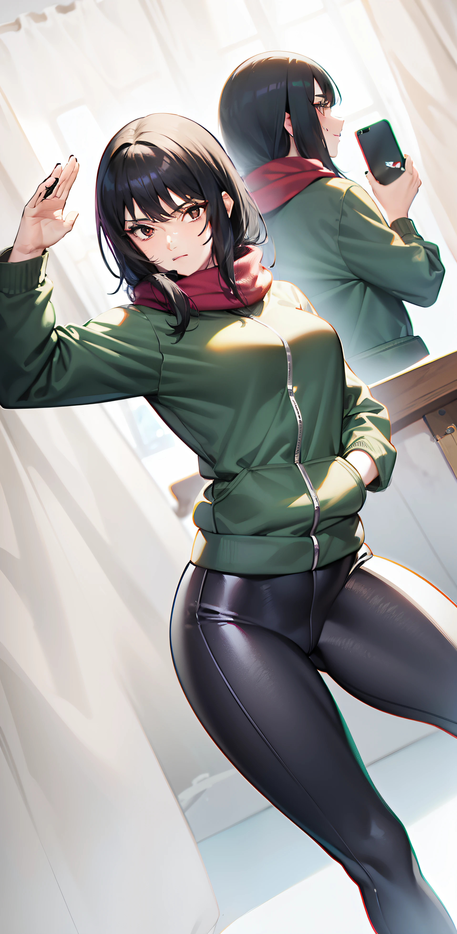  de cabelo preto curto, red scarf, capuz verde e leggings de pele da coxa, victory pose, proportion Aurea, detalhe falso, Nariz bonito, Olhos bonitos
