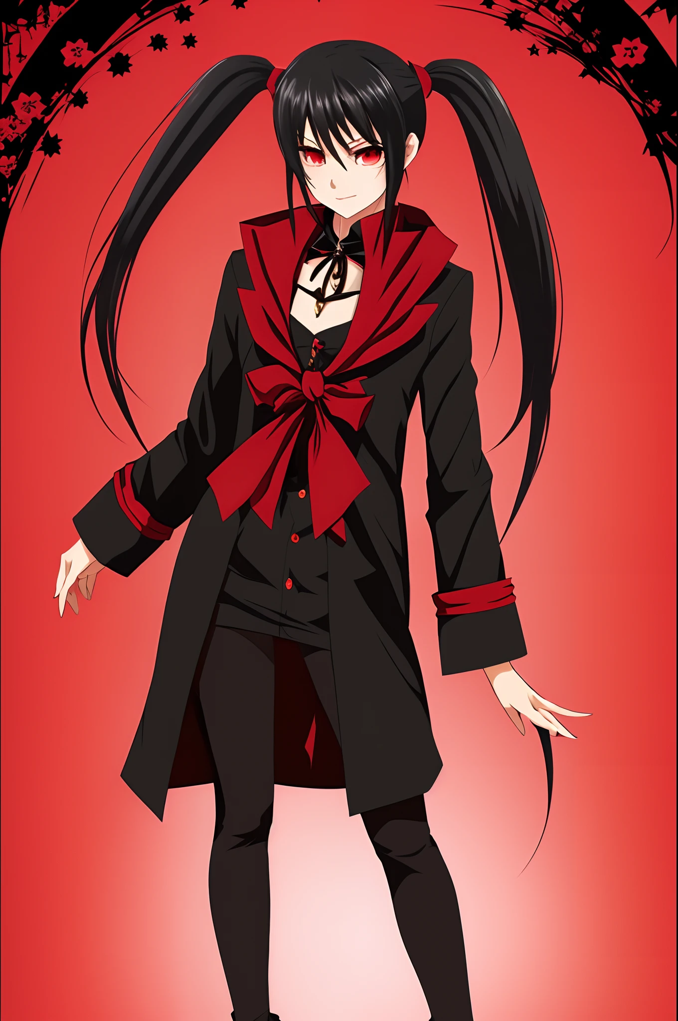 Anime style vampire, full body, black hair pigtails, pretty, red eyes, red scarf around the neck and a black overcoat with golden edges