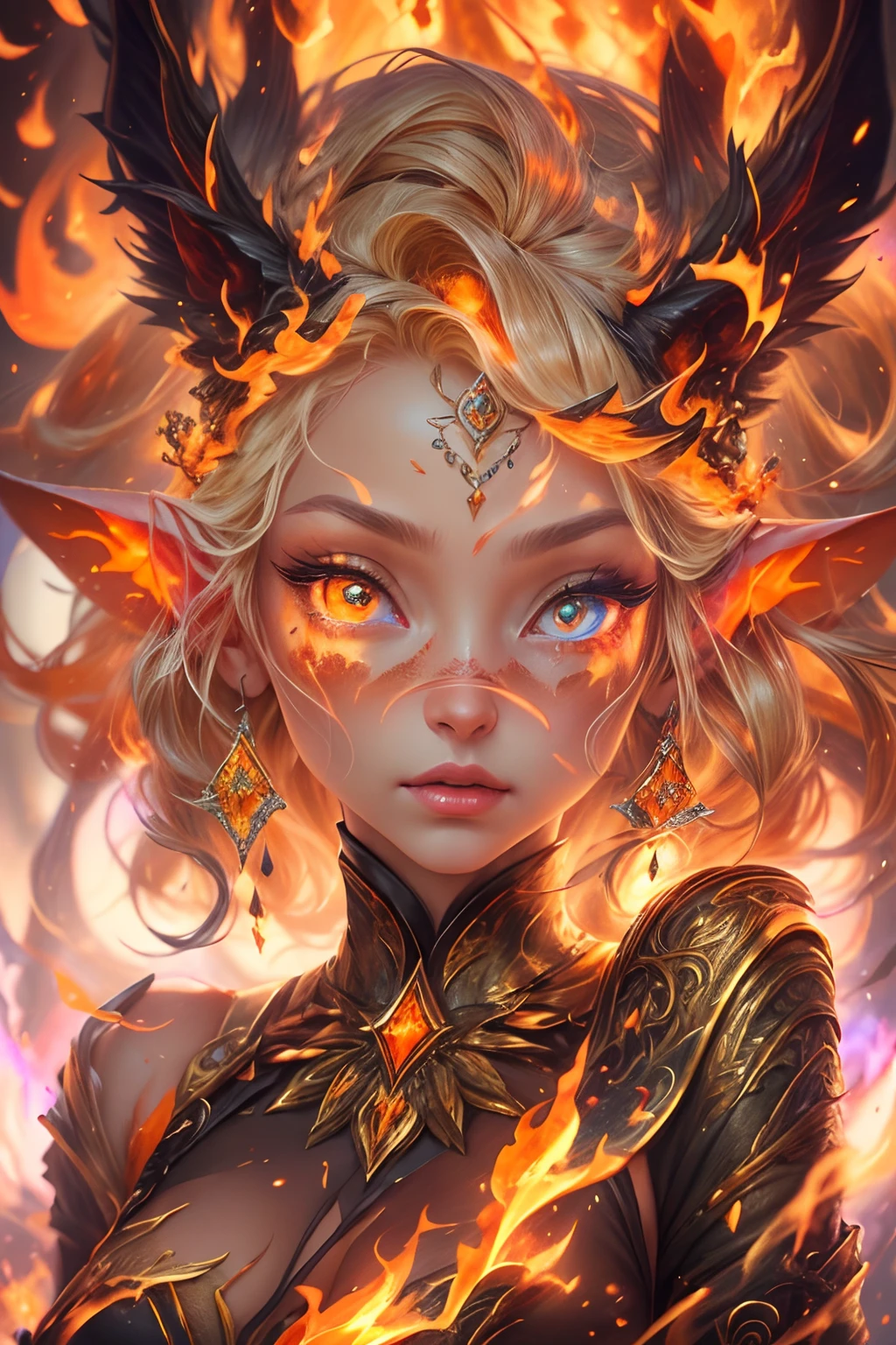 This (realistic fantasy) art contains embers, real flames, real heat, and realistic fire. Generate a masterpiece artwork of a ite female fire druid with large (((orange and gold))) eyes. The fire druid is awe-inspiring with beautiful ((realistic fiery eyes)) alight with confidence and power. Her features are elegant and well defined, with ((soft and puffy lips)), elven bone structure, and realistic shading. Her eyes are important and should be the focal point of this artwork, with ((extremely realistic details, macro details, and shimmer.)) She is wearing a billowing and glittering dress made of realistic flames and jewels that glimmer in the fire light. Wisps of fire and smoke line the intricate bodice of the dress. Include bumps, stones, fiery iridescence, glowing embers, silk and satin and leather, an interesting background, and heavy fantasy elements. Camera: Utilize dynamic composition techniques to enhance the realistic flames.