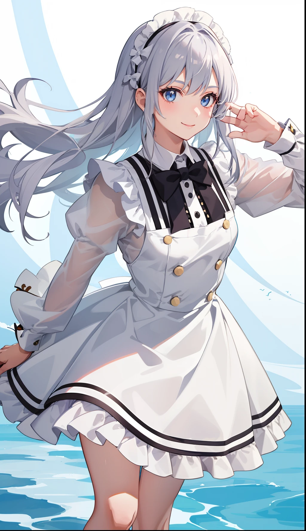 1girl in、A smile、A delightful!　The shirt、skirt by the、（small tits）pinafore、doress、hair adornments、Maids、White costume、