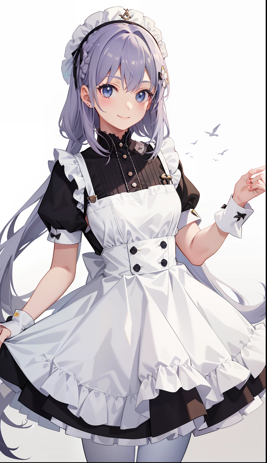 1girl in、A smile、A delightful!　The shirt、skirt by the、（small tits）pinafore、doress、hair adornments、Maids、White costume、