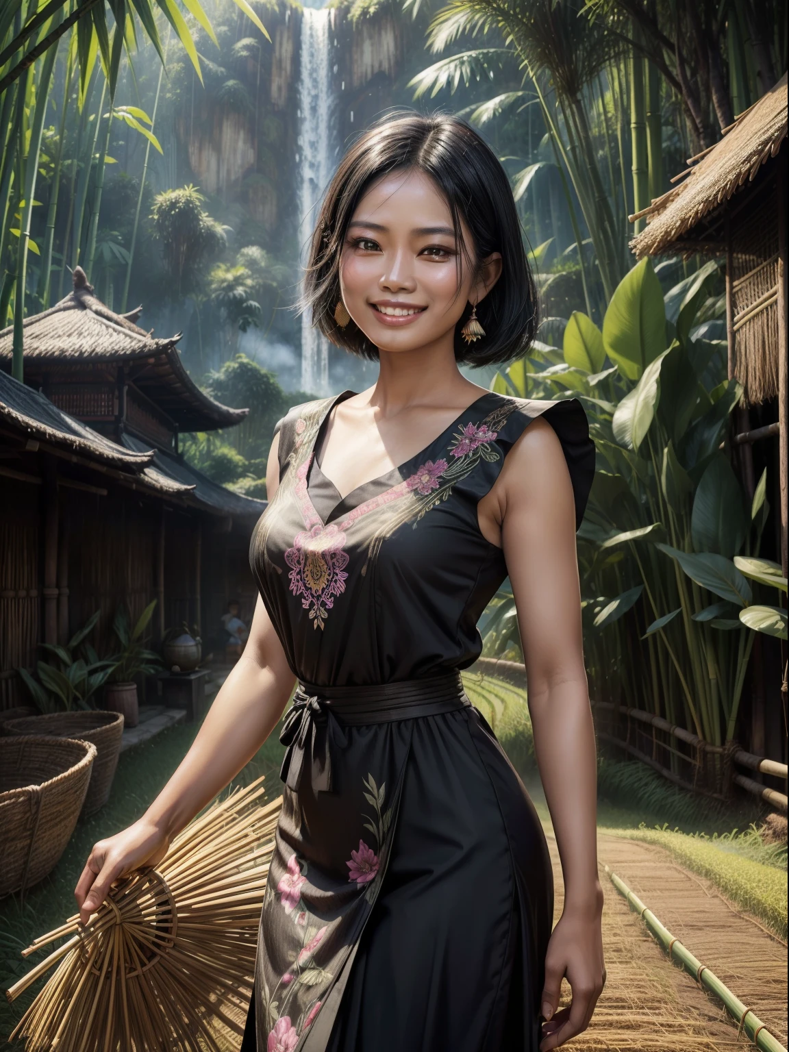 black haired female Indonesian Rice Farmer wears kebaya dress with a happy face and light laugh, nurturing her just about to crop rice at her vast rice field with beautiful voocano background, bamboo hut and bamboo woods, an epic masterpiece hyper realistic digital art of Frank Bellamy, professional color grading by Kenneth Hines Jr. , 80's European Color Comic Style