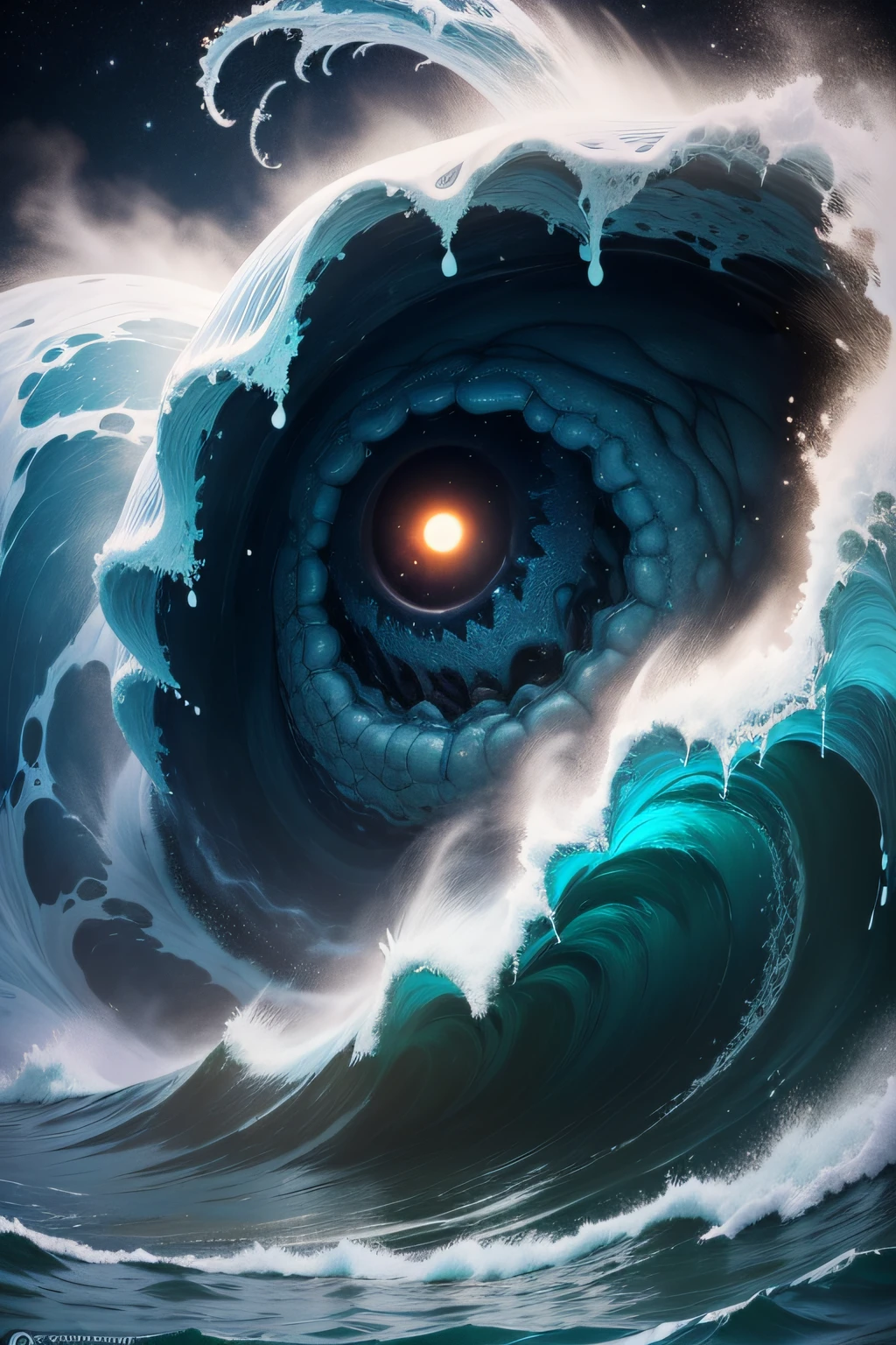 a giant wave that when looking at the water of the wave has a monstrous face, Lovecraft, cosmic horror