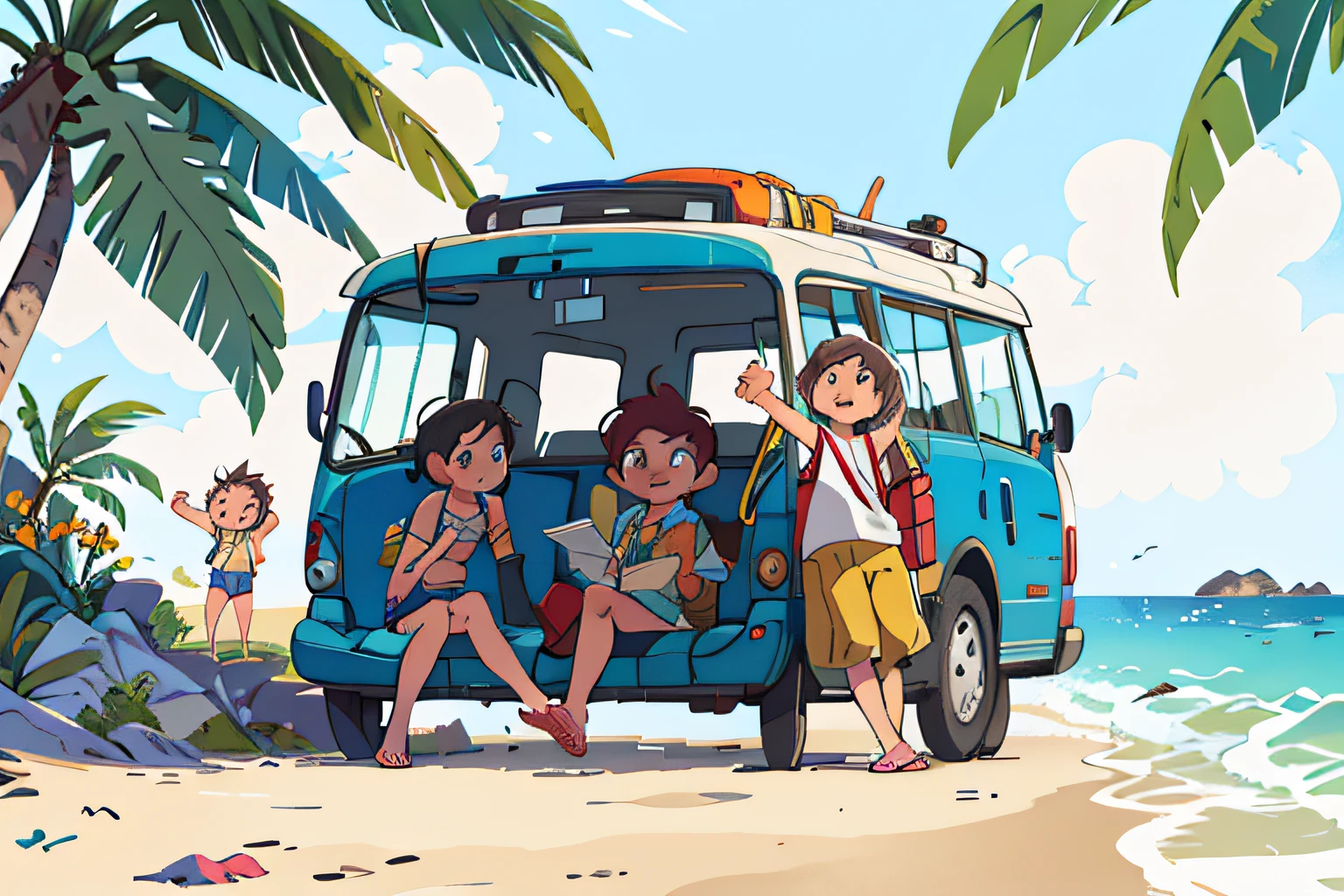 The day of the trip arrived and the three friends were full of waiting. They took the bus and, after a long journey, finally they arrived at Praia Encantada. Ao pisarem na areia fofa e sentir a brisa do mar, They knew this would be an unforgettable adventure.