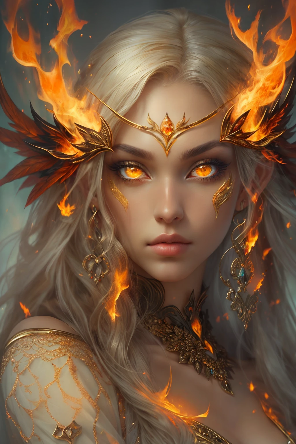 This (realistic fantasy) art contains embers, real flames, real heat, and realistic fire. Generate a masterpiece artwork of a petite female fire druid with large (((orange and gold))) eyes. The fire druid is awe-inspiring with beautiful ((realistic fiery eyes)) alight with confidence and power. Her features are elegant and well defined, with ((soft and puffy lips)), elven bone structure, and realistic shading. Her eyes are important and should be the focal point of this artwork, with ((extremely realistic details, macro details, and shimmer.)) She is wearing a billowing and glittering dress made of realistic flames and jewels that glimmer in the fire light. Wisps of fire and smoke line the intricate bodice of the dress. Include bumps, stones, fiery iridescence, glowing embers, silk and satin and leather, an interesting background, and heavy fantasy elements. Camera: Utilize dynamic composition techniques to enhance the realistic flames.