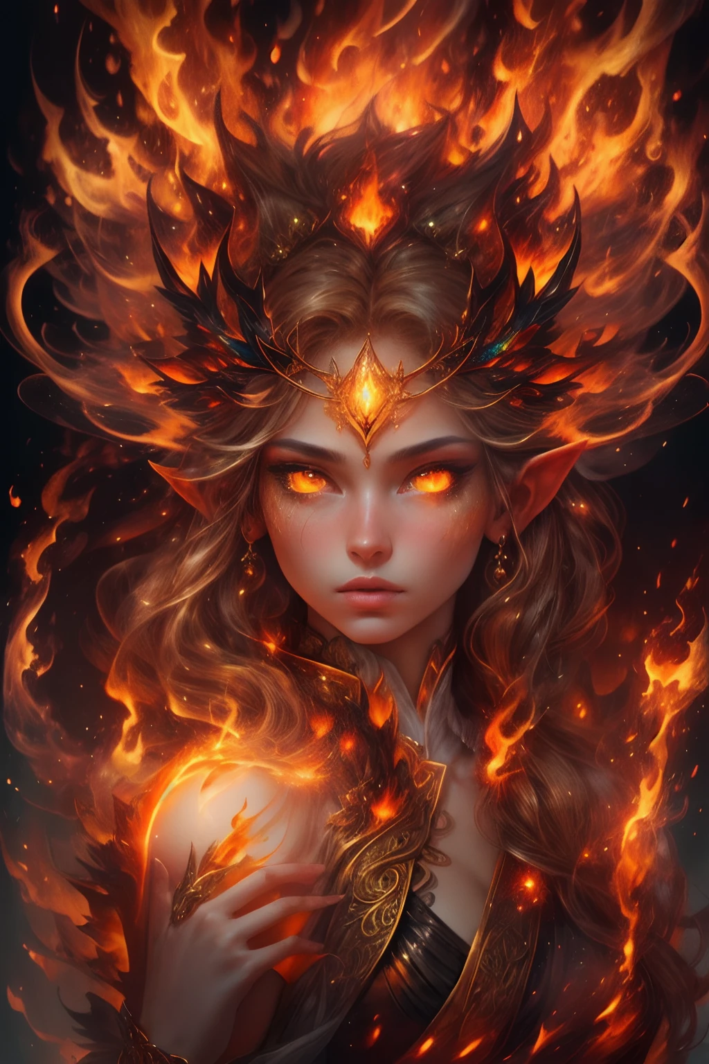 This (realistic fantasy) art contains embers, real flames, real heat, and realistic fire. Generate a masterpiece artwork of a ite female fire druid with large (((orange and gold))) eyes. The fire druid is awe-inspiring with beautiful ((realistic fiery eyes)) alight with confidence and power. Her features are elegant and well defined, with ((soft and puffy lips)), elven bone structure, and realistic shading. Her eyes are important and should be the focal point of this artwork, with ((extremely realistic details, macro details, and shimmer.)) She is wearing a billowing and glittering dress made of realistic flames and jewels that glimmer in the fire light. Wisps of fire and smoke line the intricate bodice of the dress. Include bumps, stones, fiery iridescence, glowing embers, silk and satin and leather, an interesting background, and heavy fantasy elements. Camera: Utilize dynamic composition techniques to enhance the realistic flames.