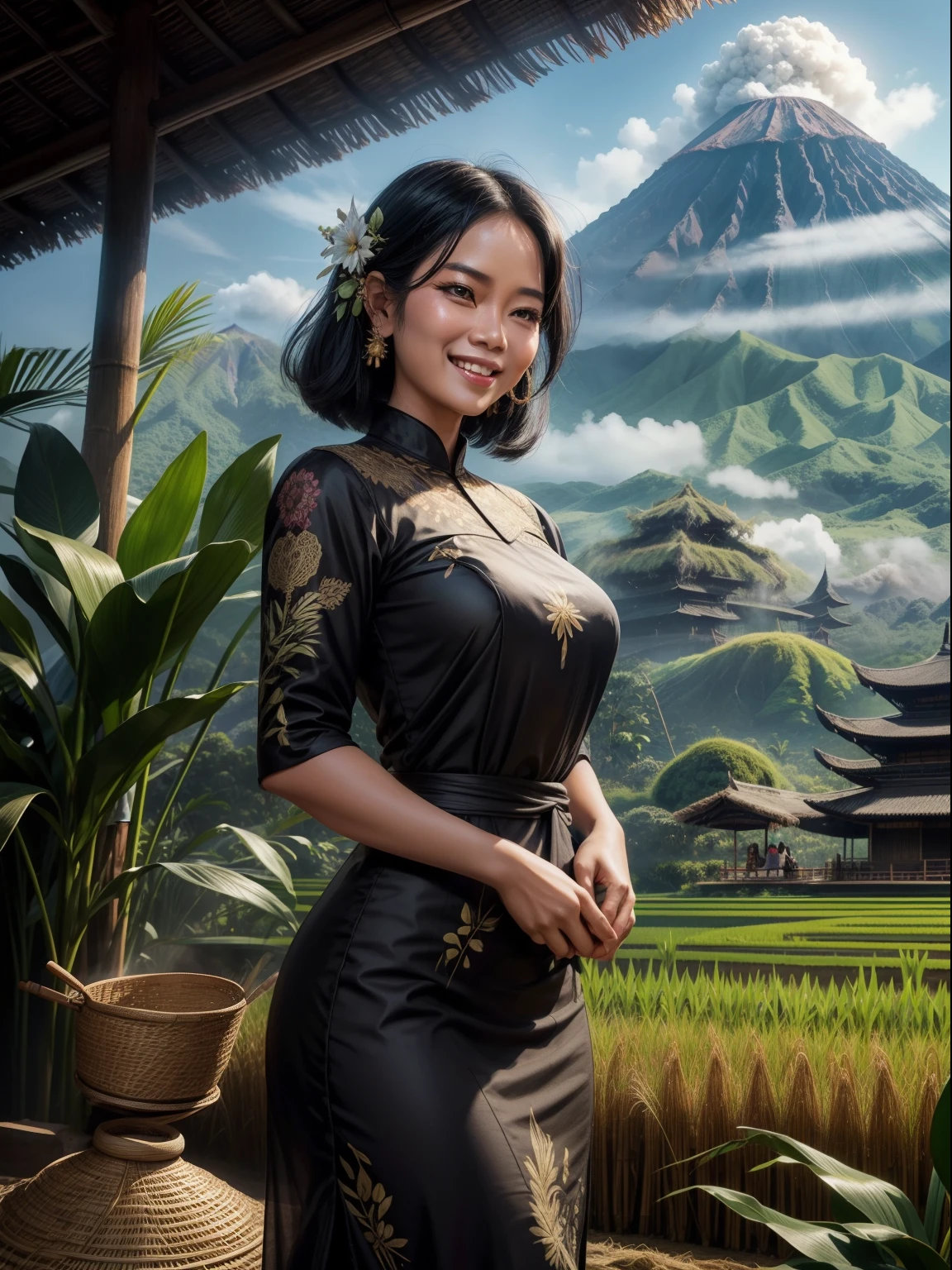 black haired female Indonesian Rice Farmer wears kebaya dress with a happy face and light laugh, nurturing her just about to crop rice at her vast rice field with beautiful volcano in background, bamboo hut and bamboo woods, an epic masterpiece hyper realistic digital art of Frank Bellamy, professional color grading by Kenneth Hines Jr. , 80's European Color Comic Style