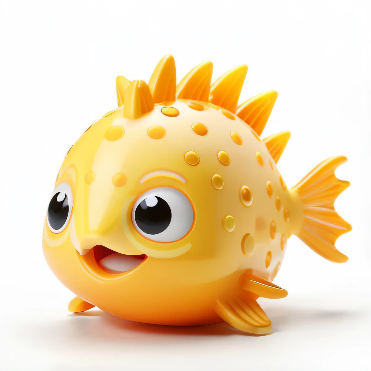 There is a yellow toy fish,with a big smile on its face, vinyl toy figurine, fishcore, deep sea fish, squish, vinyl designer toy, fish face, gold fish, squishy, scary fish, adorable creature, Marine life, fishlike, large fish eyes, crap fish, orange fluffy belly, 3 6 0 p