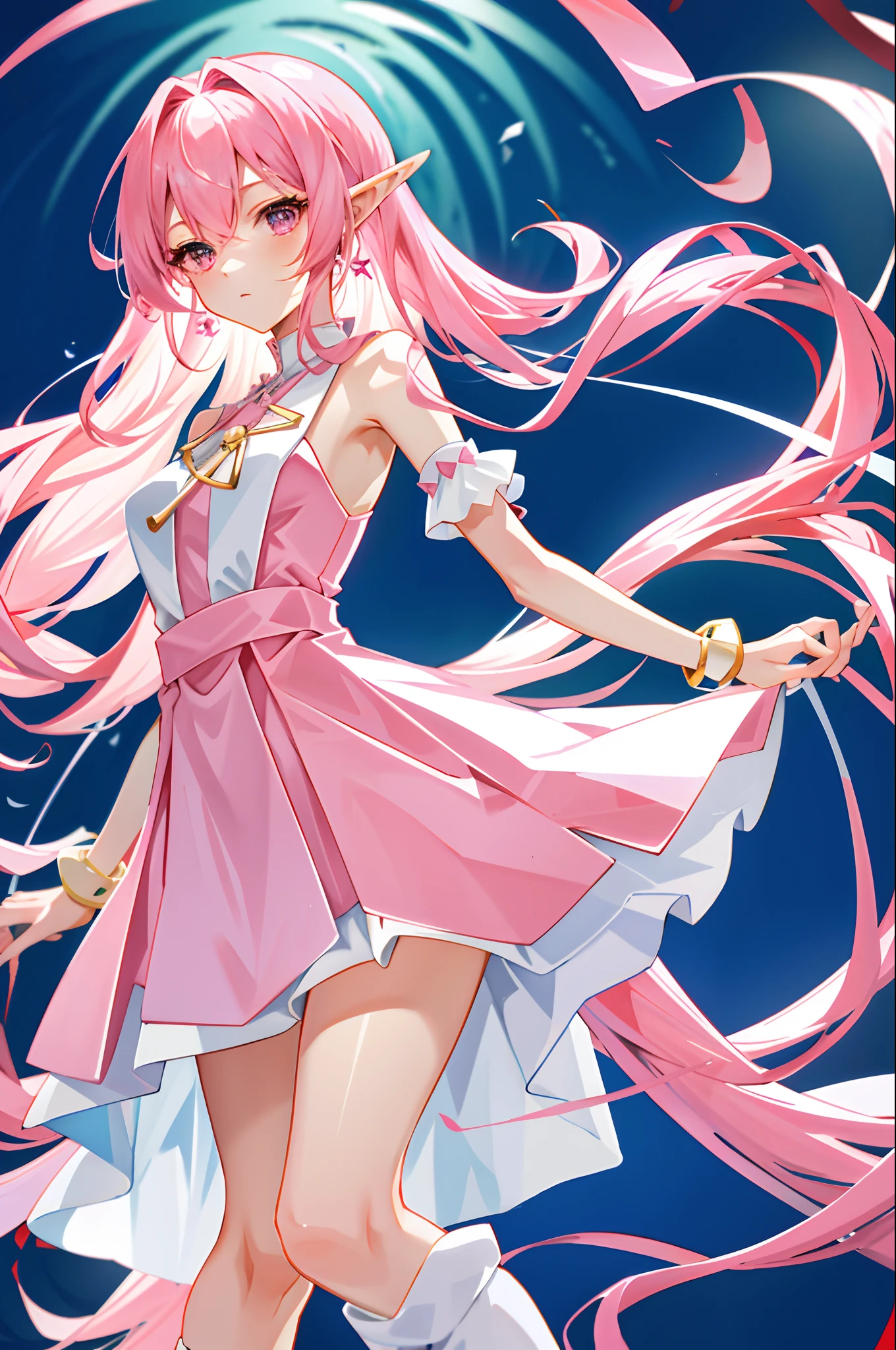 Pink two-dimensional anime cartoon two-dimensional pink hair, Pink hair, Long hair, Pink eyes, Perfect white long dress, White silk, Holy and pure, Flawless little cutie, Sexy little figure, Anime white skin, Beautiful legs, Cartoon long hair, Thin legs, Small mouth。Pink stockings。Pink dress pink clothes。Pink earrings。Pink leg ring, pink suspender。Long-legged elf ears。Pink bracelet