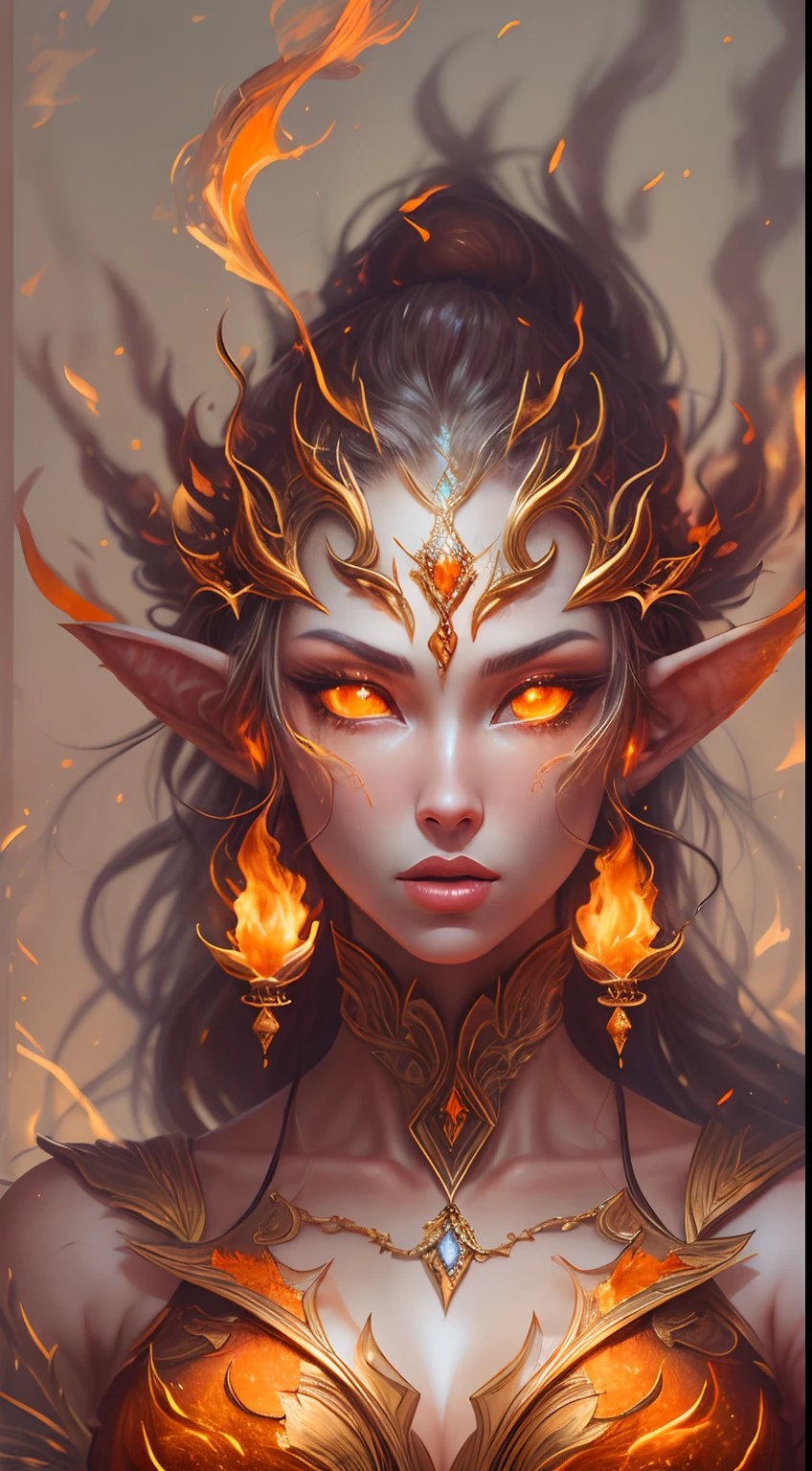 This (realistic fantasy) art contains embers, real flames, real heat, and realistic fire. Generate a masterpiece artwork of a petite female fire druid with large (((orange and gold))) eyes. The fire druid is awe-inspiring with beautiful ((realistic fiery eyes)) alight with confidence and power. Her features are elegant and well defined, with ((soft and puffy lips)), elven bone structure, and realistic shading. Her eyes are important and should be the focal point of this artwork, with ((extremely realistic details, macro details, and shimmer.)) She is wearing a billowing and glittering dress made of realistic flames and jewels that glimmer in the fire light. Wisps of fire and smoke line the intricate bodice of the dress. Include bumps, stones, fiery iridescence, glowing embers, silk and satin and leather, an interesting background, and heavy fantasy elements. Camera: Utilize dynamic composition techniques to enhance the realistic flames.