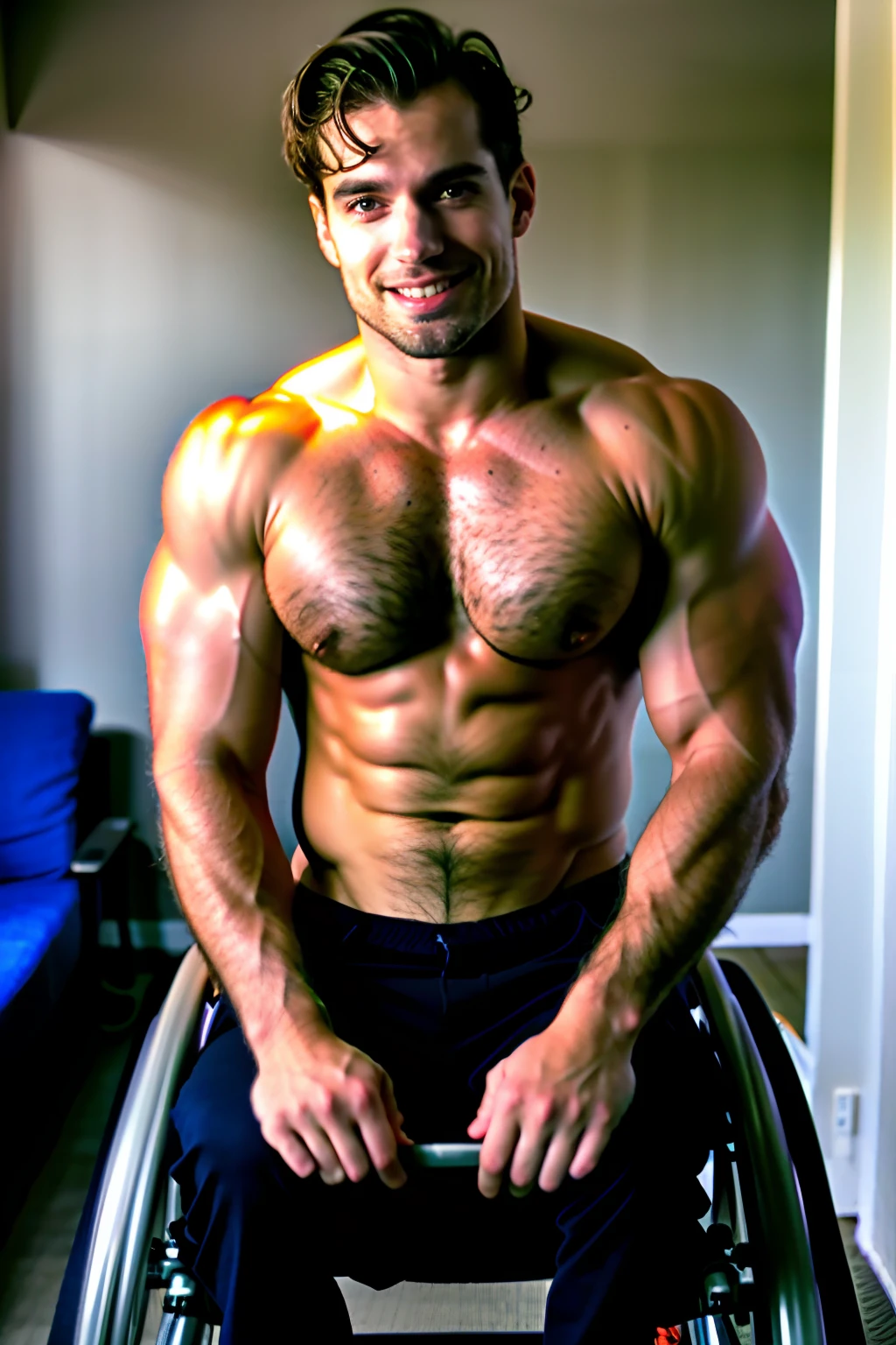 Homem cadeirante, wheelchair user, paraplegic, cadeira de rodas realista, cadeira de rodas detalhado, Real wheelchair athletic body, detailed muscles, corpo peludo, Cabelo, cabelo blondie, rosto sorridente, olhos azuis, Saqueira, fotografia, Ultra realista, Uplighting, alta qualidade, menos contraste, ambiente de quarto