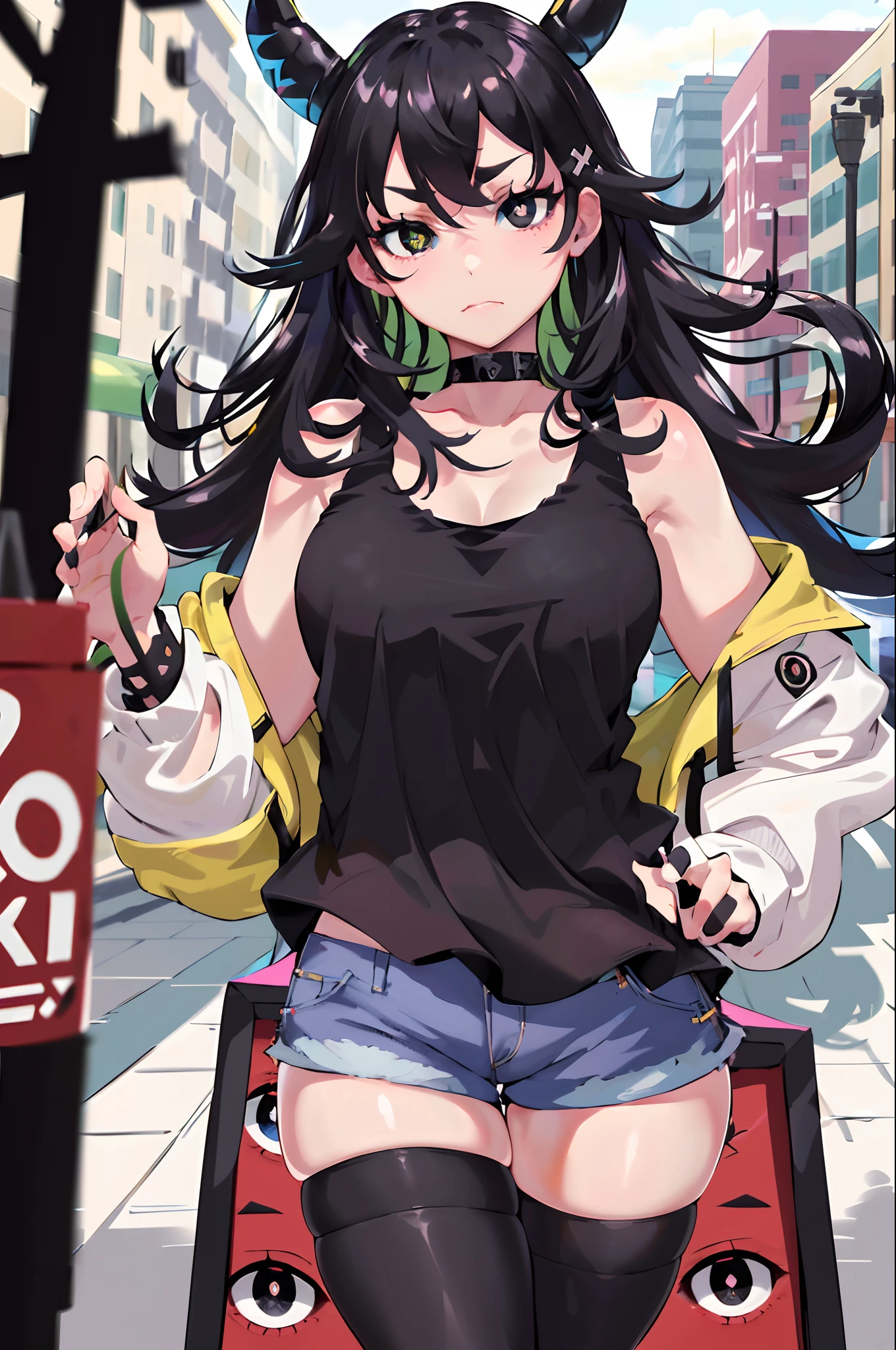 absurdres, best quality, 1girl, solo, looking at viewer, eye focus,  LucoaDM, CasualCL, shorts, tank top, thighhighs, heterochromia, eye focus, 
ADDCOMM
green eyes
ADDCOL
(black eyes:1.5), slit pupils, bright pupils, yellow pupils