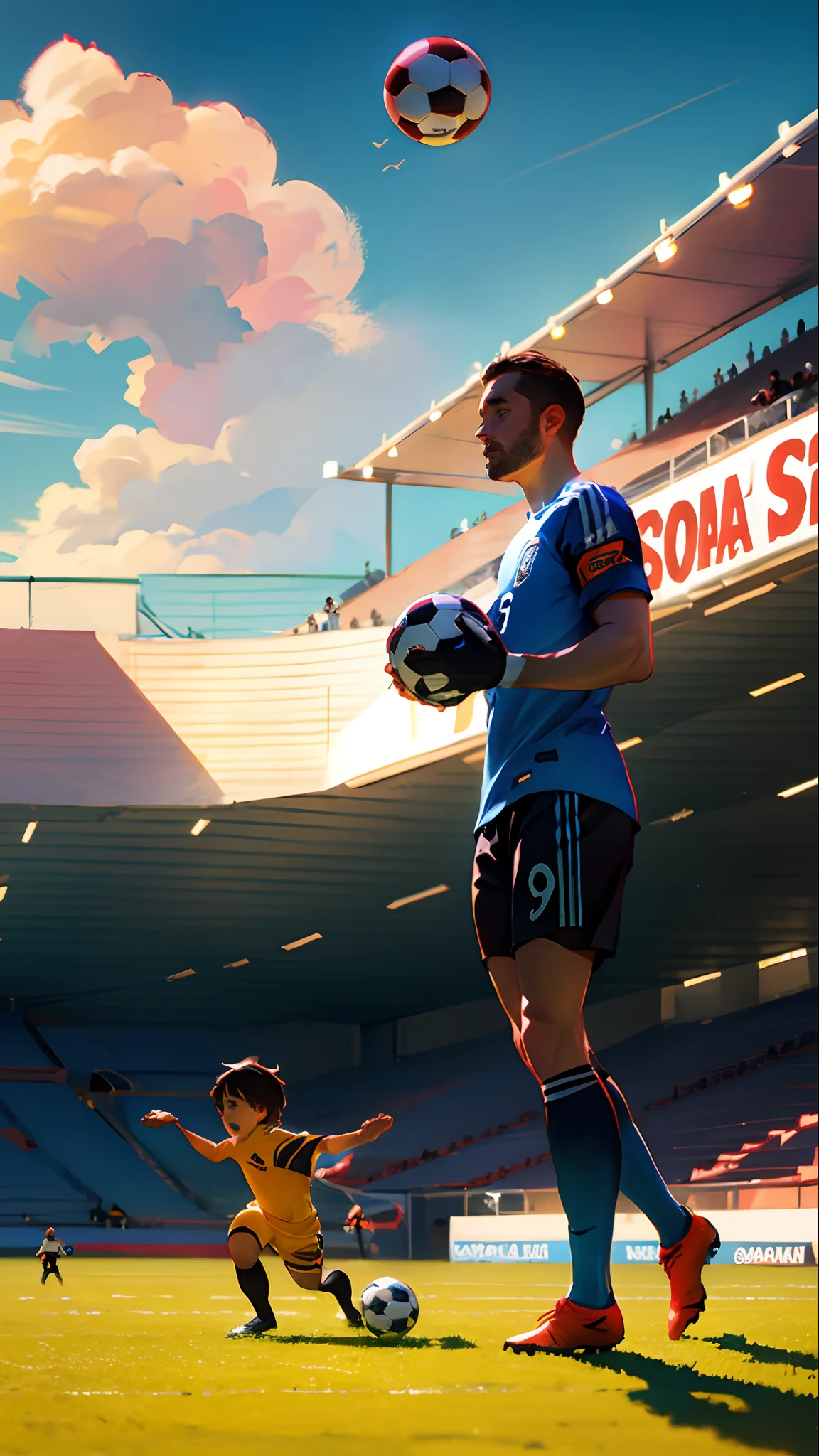 Father and son playing soccer at stadium