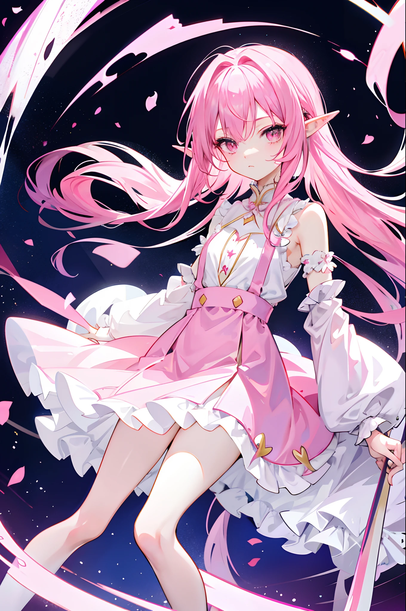 Pink two-dimensional anime cartoon two-dimensional pink hair, Pink hair, Long hair, Pink eyes, Perfect white long dress, White silk, Holy and pure, Flawless little cutie, Sexy little figure, Anime white skin, Beautiful legs, Cartoon long hair, Thin legs, Small mouth。Pink stockings。Pink dress pink clothes。Pink earrings。Pink leg ring, pink suspender。Long-legged elf ears。