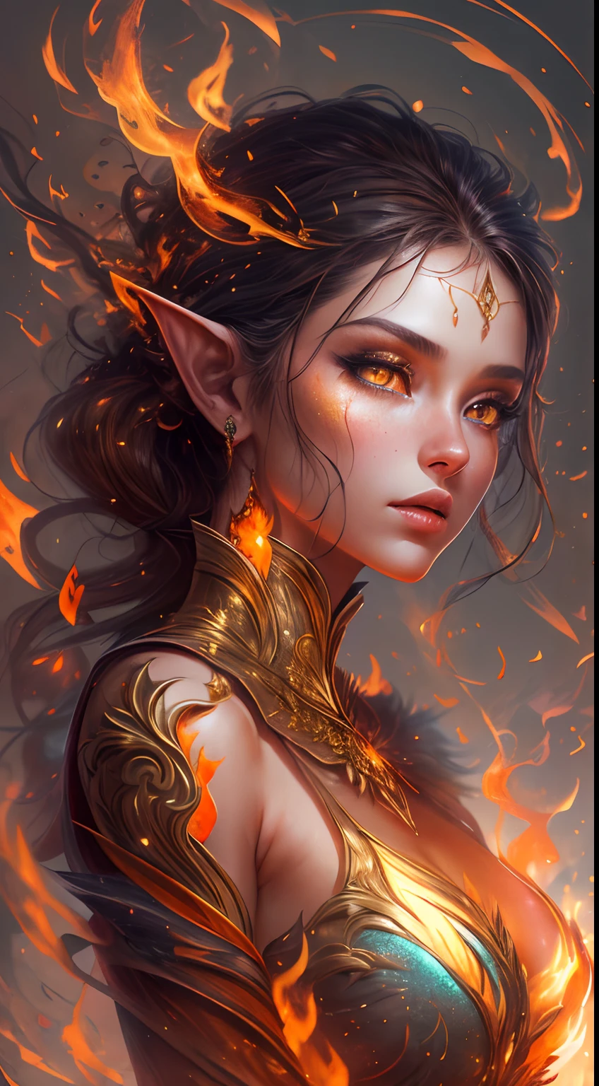 This (realistic fantasy) art contains embers, real flames, real heat, and realistic fire. Generate a masterpiece artwork of a petite female fire druid with large (((orange and gold))) eyes. The fire druid is awe-inspiring with beautiful ((realistic fiery eyes)) alight with confidence and power. Her features are elegant and well defined, with ((soft and puffy lips)), elven bone structure, and realistic shading. Her eyes are important and should be the focal point of this artwork, with ((extremely realistic details, macro details, and shimmer.)) She is wearing a billowing and glittering dress made of realistic flames and jewels that glimmer in the fire light. Wisps of fire and smoke line the intricate bodice of the dress. Include bumps, stones, fiery iridescence, glowing embers, silk and satin and leather, an interesting background, and heavy fantasy elements. Camera: Utilize dynamic composition techniques to enhance the realistic flames.