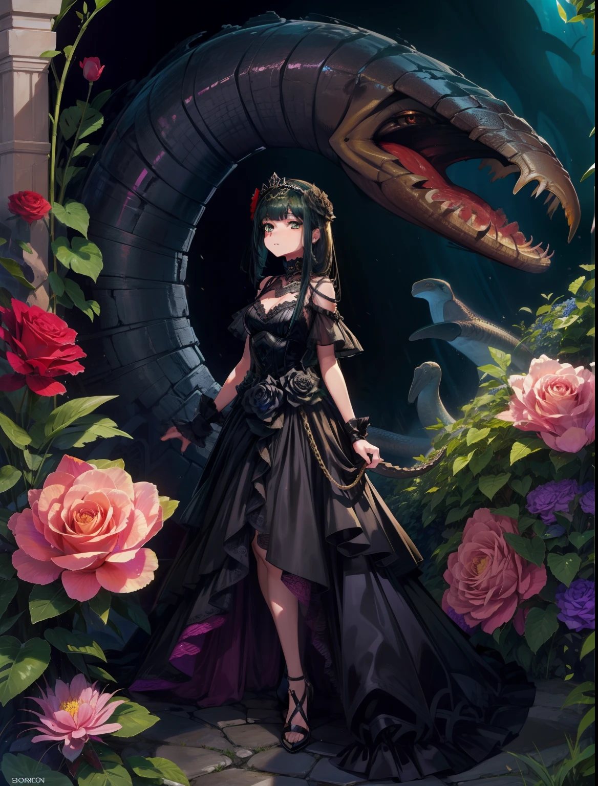 A girl fused with a moray eel. Two moray eels grow from the body. Monster's Mouth.Black Dress.flower gardens. Rose Queen. Full body image.