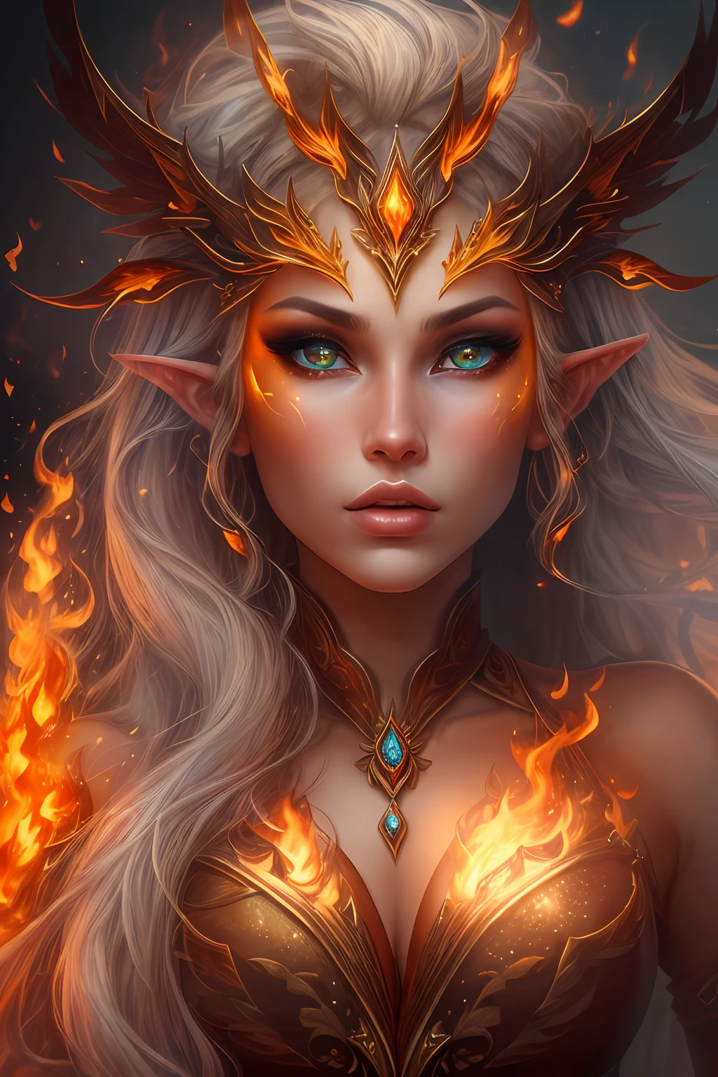 This (realistic fantasy) art contains embers, real flames, real heat, and realistic fire. Generate a masterpiece artwork of a petite female fire druid with large (((orange and gold))) eyes. The fire druid is awe-inspiring with beautiful ((realistic fiery eyes)) alight with confidence and power. Her features are elegant and well defined, with ((soft and puffy lips)), elven bone structure, and realistic shading. Her eyes are important and should be the focal point of this artwork, with ((extremely realistic details, macro details, and shimmer.)) She is wearing a billowing and glittering dress made of realistic flames and jewels that glimmer in the fire light. Wisps of fire and smoke line the intricate bodice of the dress. Include bumps, stones, fiery iridescence, glowing embers, silk and satin and leather, an interesting background, and heavy fantasy elements. Camera: Utilize dynamic composition techniques to enhance the realistic flames.