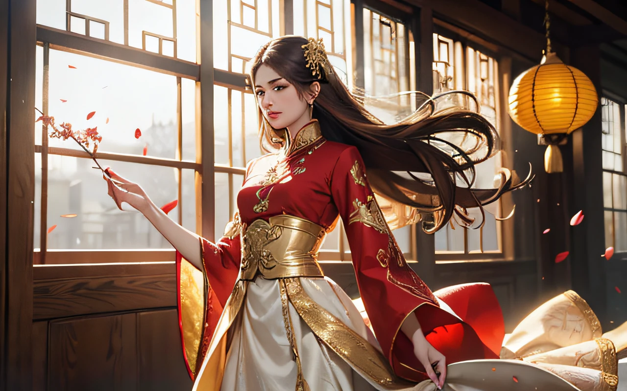 best quality, masterpiece, highres, (exquisite body:1.5),gorgeous face,(milky skin:1.3),intricate details,high resolution,wallpaper,
1girl, solo, dress, hair ornament, (((gold and red dress))), flowers, long hair, brown hair, closed mouth, jewelry, long sleeves, hand up, wide sleeves, big eyes,floating hair, chinese clothes, hanfu, embroidery, long skirt, natural pose, falling petals, indoor,fanning, lantern,
16K,HDR,highres,depth field,(film grain:1.1),boken,golden hour,(lens flare),vignette,rainbowing,(color grading:1.5)