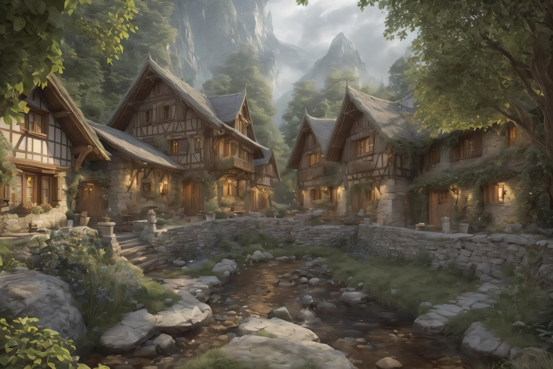 the hobbit, tolkien, a medieval village in switzerland with river and pool, ornate, beautiful, atmosphere, vibe, flowers, concept art illustration, greg rutowski, volumetric lighting, sunbeams, particles, oversaturate, intricate, volumetric lighting, beautiful, rich deep colors masterpiece, sharp focus, perfect composition, intricate detailed octane render perfect composition, beautiful detailed intricate insanely detailed, cinematic perfect light, chiaroscuro, masterpiece