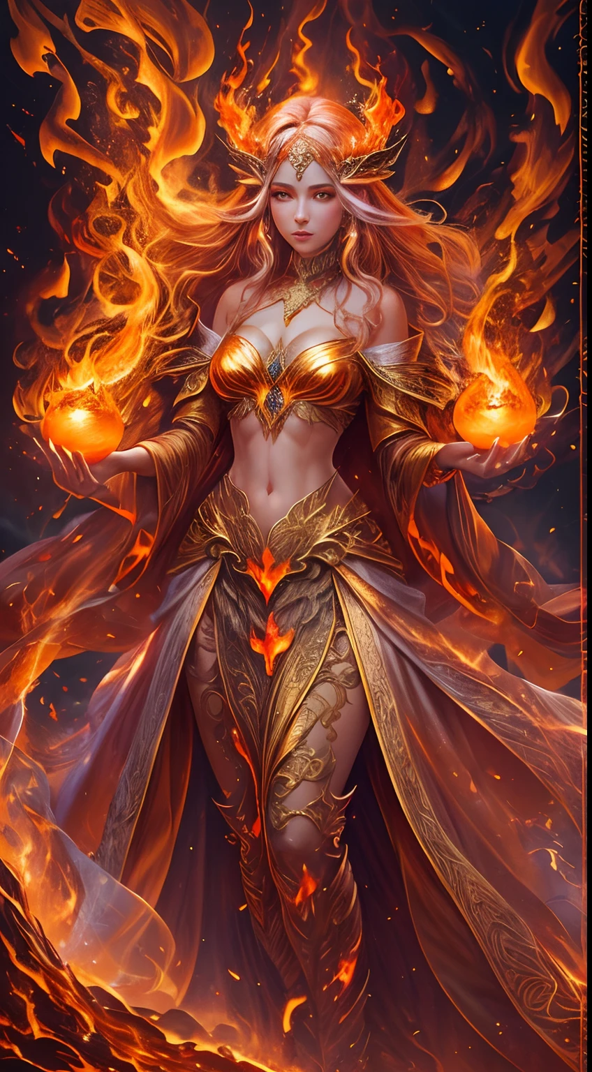 This (realistic fantasy) art contains embers, real flames, real heat, and realistic fire. Generate a masterpiece artwork of a petite female fire druid with large (((orange and gold))) eyes. The fire druid is awe-inspiring with beautiful ((realistic fiery eyes)) alight with confidence and power. Her features are elegant and well defined, with ((soft and puffy lips)), elven bone structure, and realistic shading. Her eyes are important and should be the focal point of this artwork, with ((extremely realistic details, macro details, and shimmer.)) She is wearing a billowing and glittering dress made of realistic flames and jewels that glimmer in the fire light. Wisps of fire and smoke line the intricate bodice of the dress. Include bumps, stones, fiery iridescence, glowing embers, silk and satin and leather, an interesting background, and heavy fantasy elements. Camera: Utilize dynamic composition techniques to enhance the realistic flames.