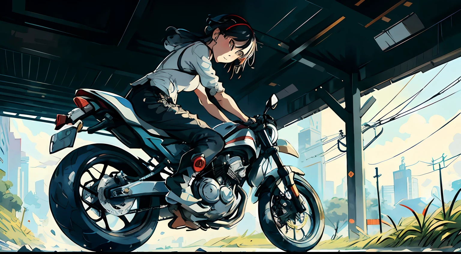 a chibi girl riding motorbike,(by Artist Jan Hendrik Weissenbruch:1.3)