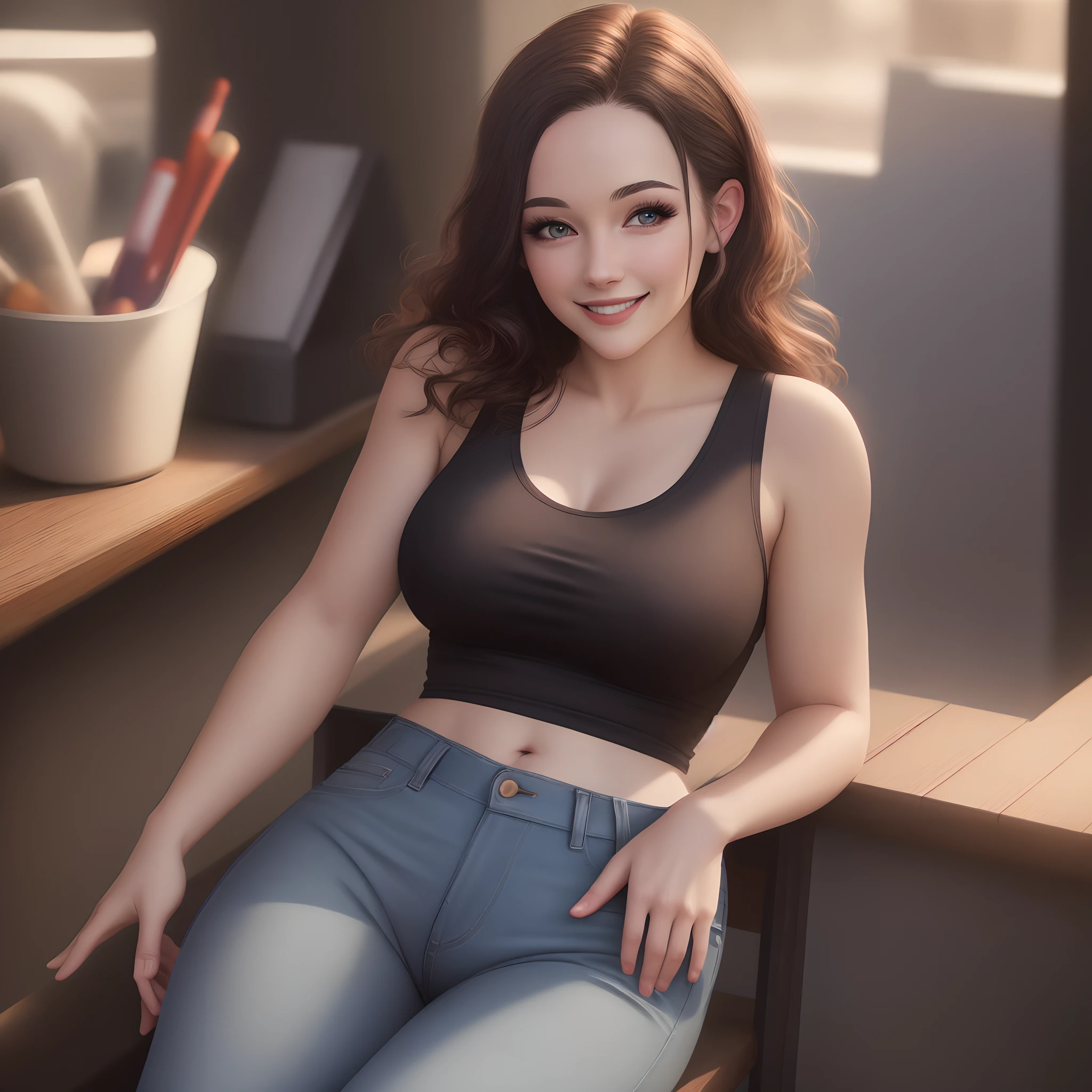 best quality, masterpiece, photo realistic, 8k, 4k, extreme res, ultra high res, dynamic lighting, real lighting, sophiadiamond, looking_at_viewer, smile, tank top, jeans,
