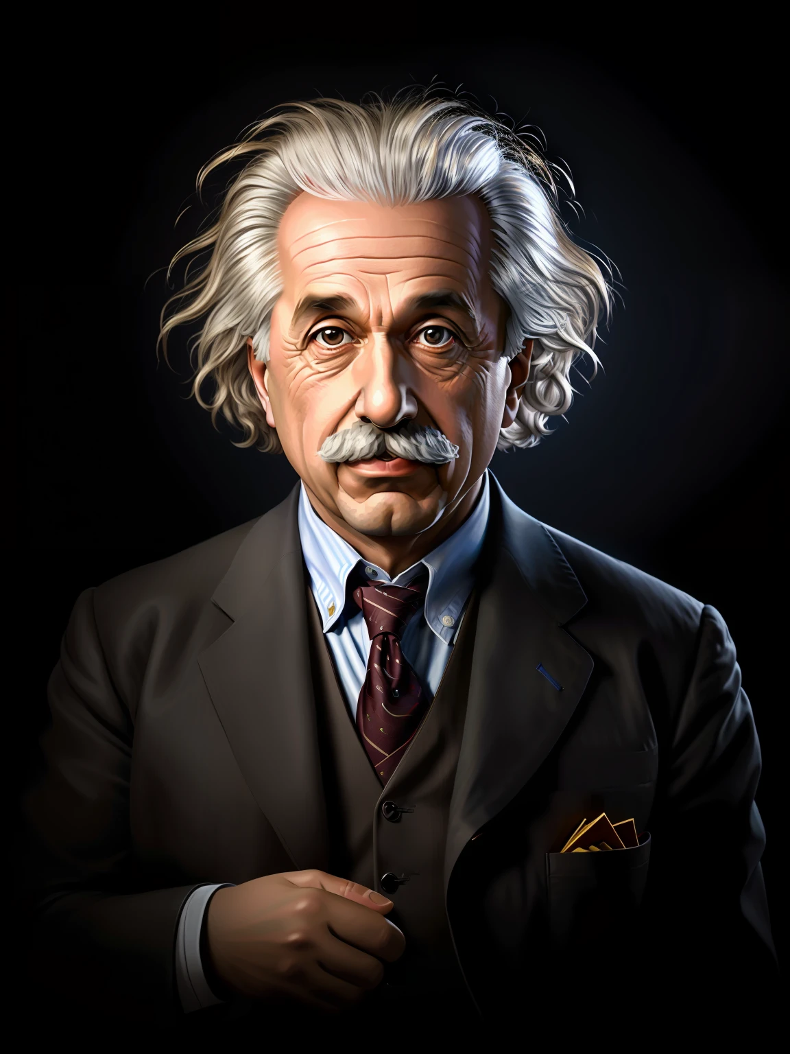 imagem de um homem com bigode e terno, Retrato de Albert Einstein, Retrato de Einstein, albert einstein, Einstein, inspirado em Yousuf Karsh, foto retrato realista, foto de retrato, retrato de alta qualidade, Retrato NFT, retrato vfx altamente detalhado de, retrato ultra detalhado, retrato de ultra realista, realistic studio portrait, Epic portrait illustration