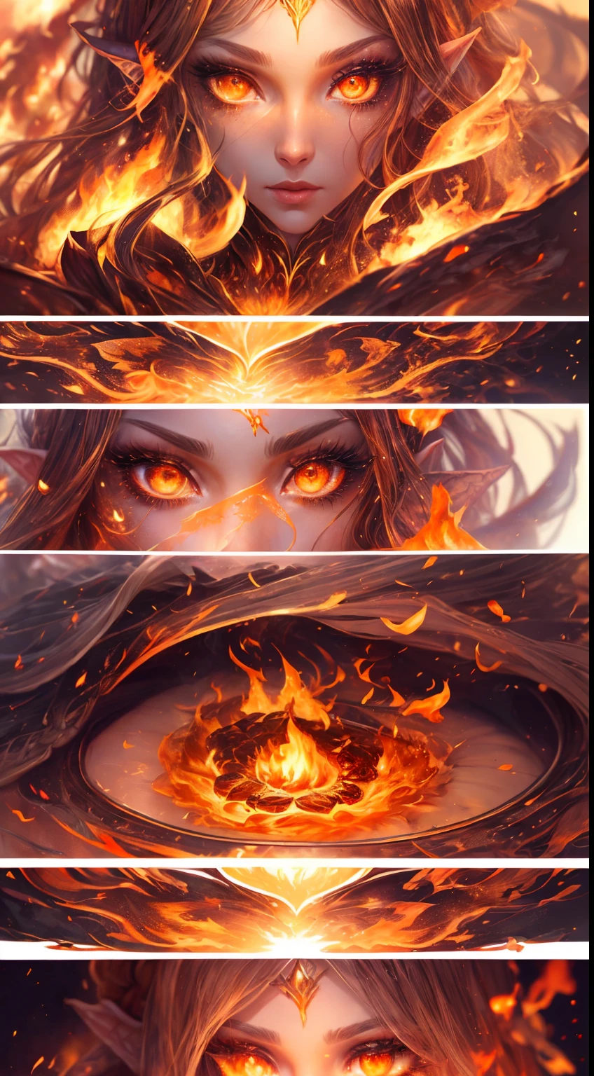 This (realistic fantasy) art contains embers, real flames, real heat, and realistic fire. Generate a masterpiece artwork of a petite female fire druid with large (((orange and gold))) eyes. The fire druid is awe-inspiring with beautiful ((realistic fiery eyes)) alight with confidence and power. Her features are elegant and well defined, with ((soft and puffy lips)), elven bone structure, and realistic shading. Her eyes are important and should be the focal point of this artwork, with ((extremely realistic details, macro details, and shimmer.)) She is wearing a billowing and glittering dress made of realistic flames and jewels that glimmer in the fire light. Wisps of fire and smoke line the intricate bodice of the dress. Include bumps, stones, fiery iridescence, glowing embers, silk and satin and leather, an interesting background, and heavy fantasy elements. Camera: Utilize dynamic composition techniques to enhance the realistic flames.