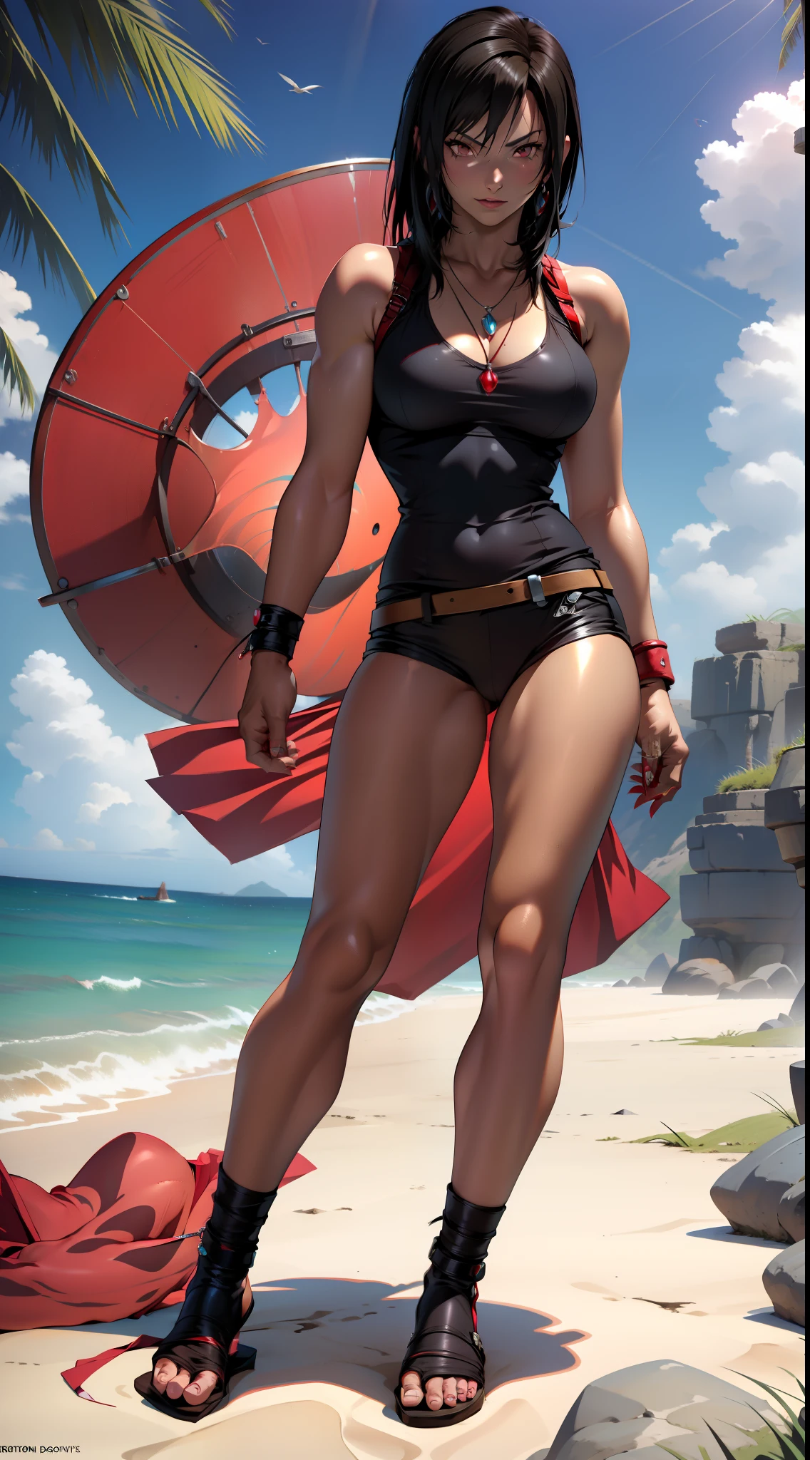 Woman (Tifa Lockhart), in swimsuit, woman sunbathing on beach, paradise island beach, deep red eyes, ruby jewelry pendant, sunny day,