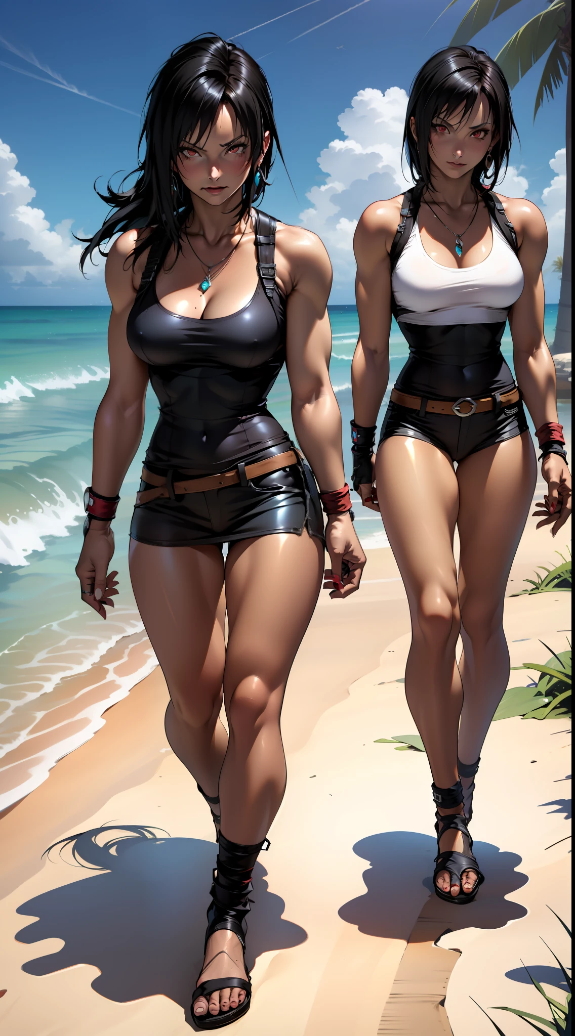 Woman (Tifa Lockhart), in swimsuit, woman sunbathing on beach, paradise island beach, deep red eyes, ruby jewelry pendant, sunny day,