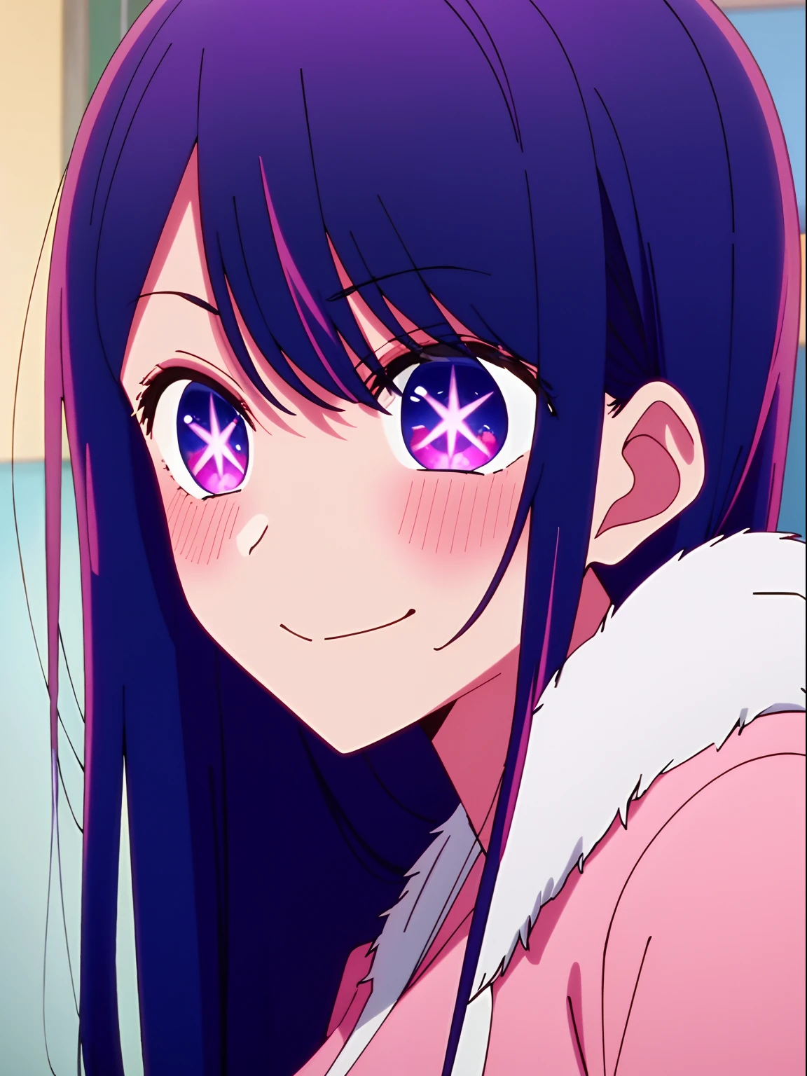 masterpiece、ighly detailed、hightquality、purple color hair、Pink costume、a closeup、Ai Hoshino、anime styled、独奏、I'm smiling